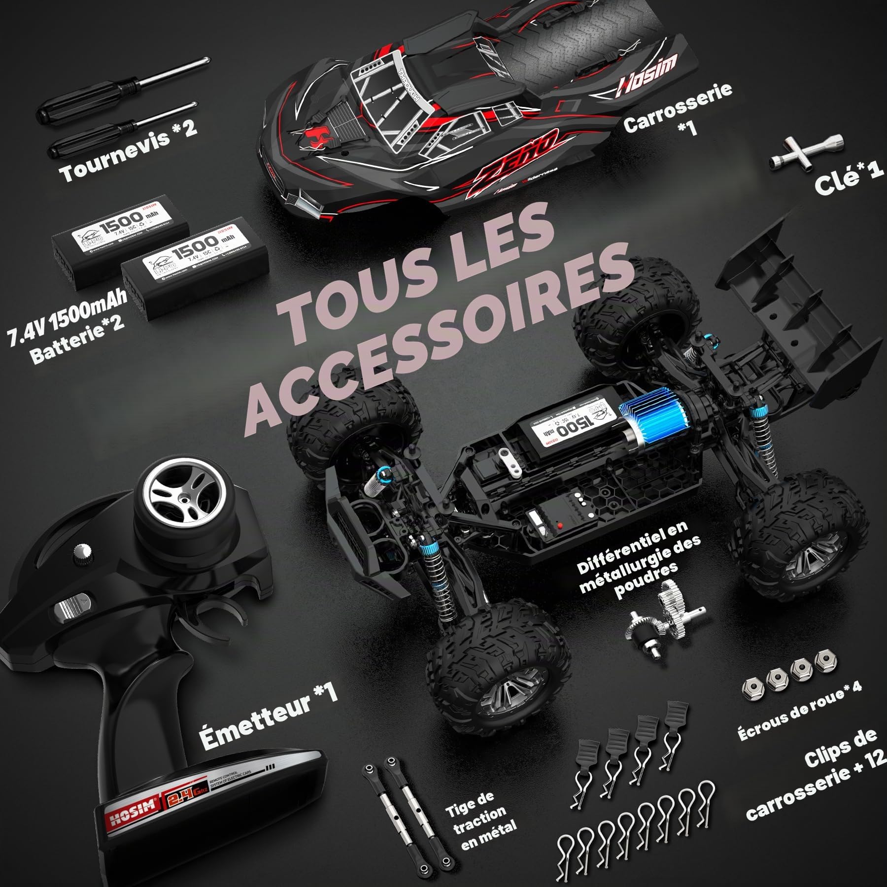 Hosim 1:10 Voiture télécommandée pour adultes, 48 + KM/H Buggy RC 4WD à haute vitesse avec 2 batteries 7,4 V 1500 mAh, voiture électrique RC grande camion RC tout-terrain 2,4 GHz imperméable
