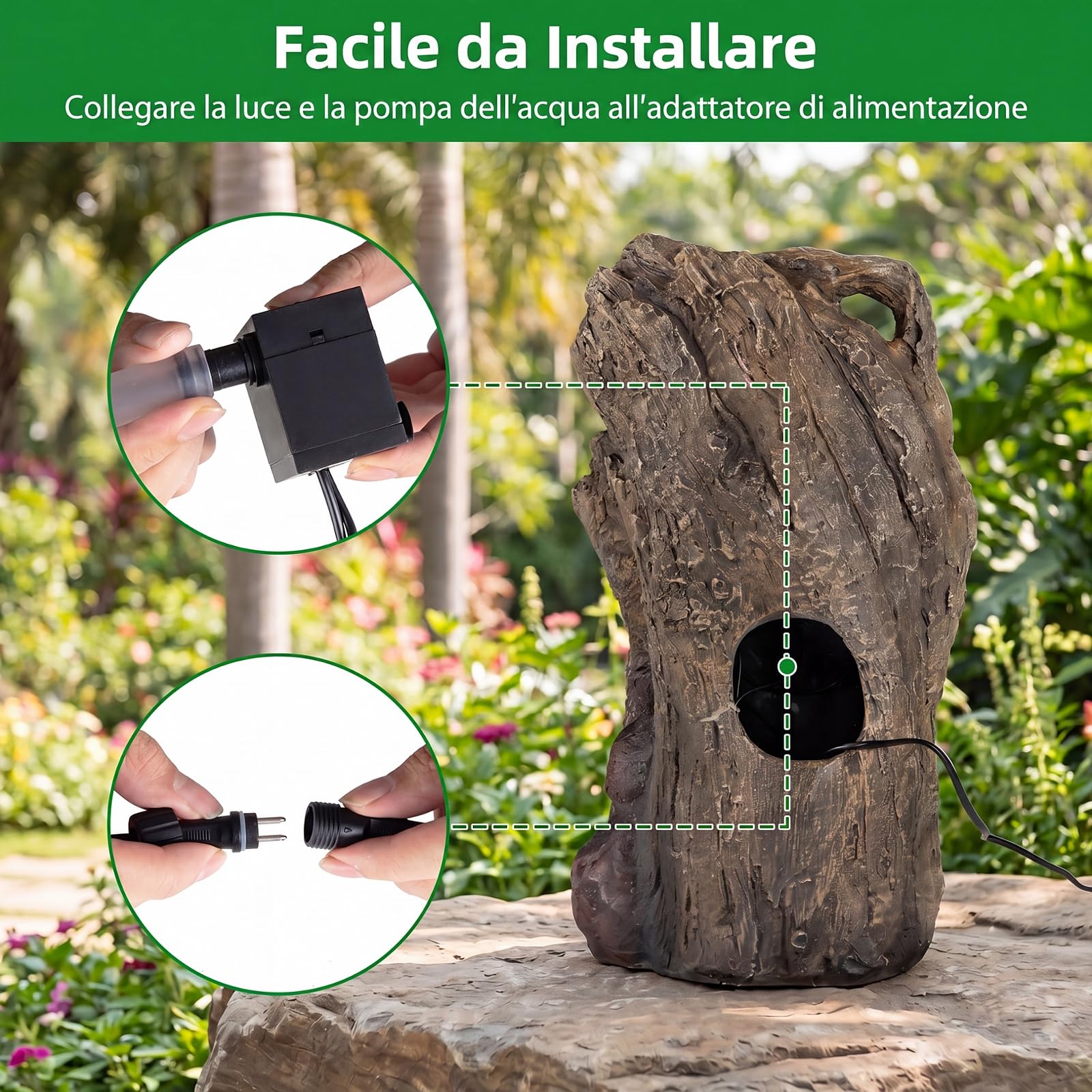 COSTWAY Fontana a Cascata, Fontana da Esterno con Illuminazione LED, Pompa e Muschio Artificiale, Ornamento Cascata in Stile Roccia per Cortile, Balcone e Salotto, 30,5 x 26 x 53 cm