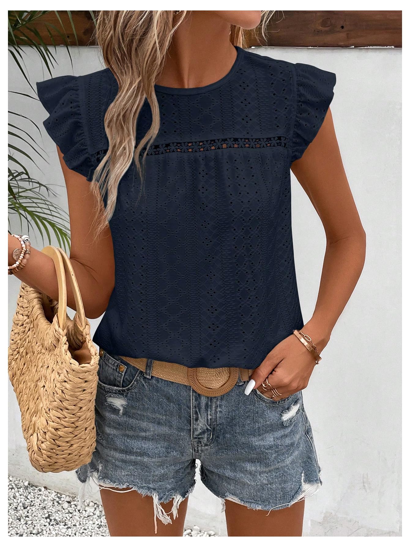 Floerns Maglietta da donna in stile bohémien, con ricamo, con volant, maniche ad aletta, girocollo, elegante, per le vacanze