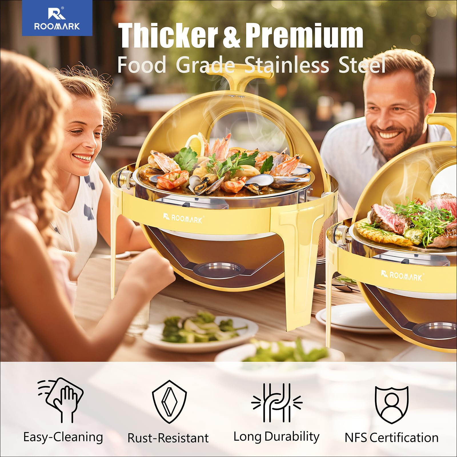 5,7L Buffet Chafing Dish Set, Calentador Buffet Redondo, Servidor de Buffet, Calentador Comida Buffet, Calentador de Buffet, Marco Grueso, Para Buffet, Fiestas de Catering, Bodas, Oro
