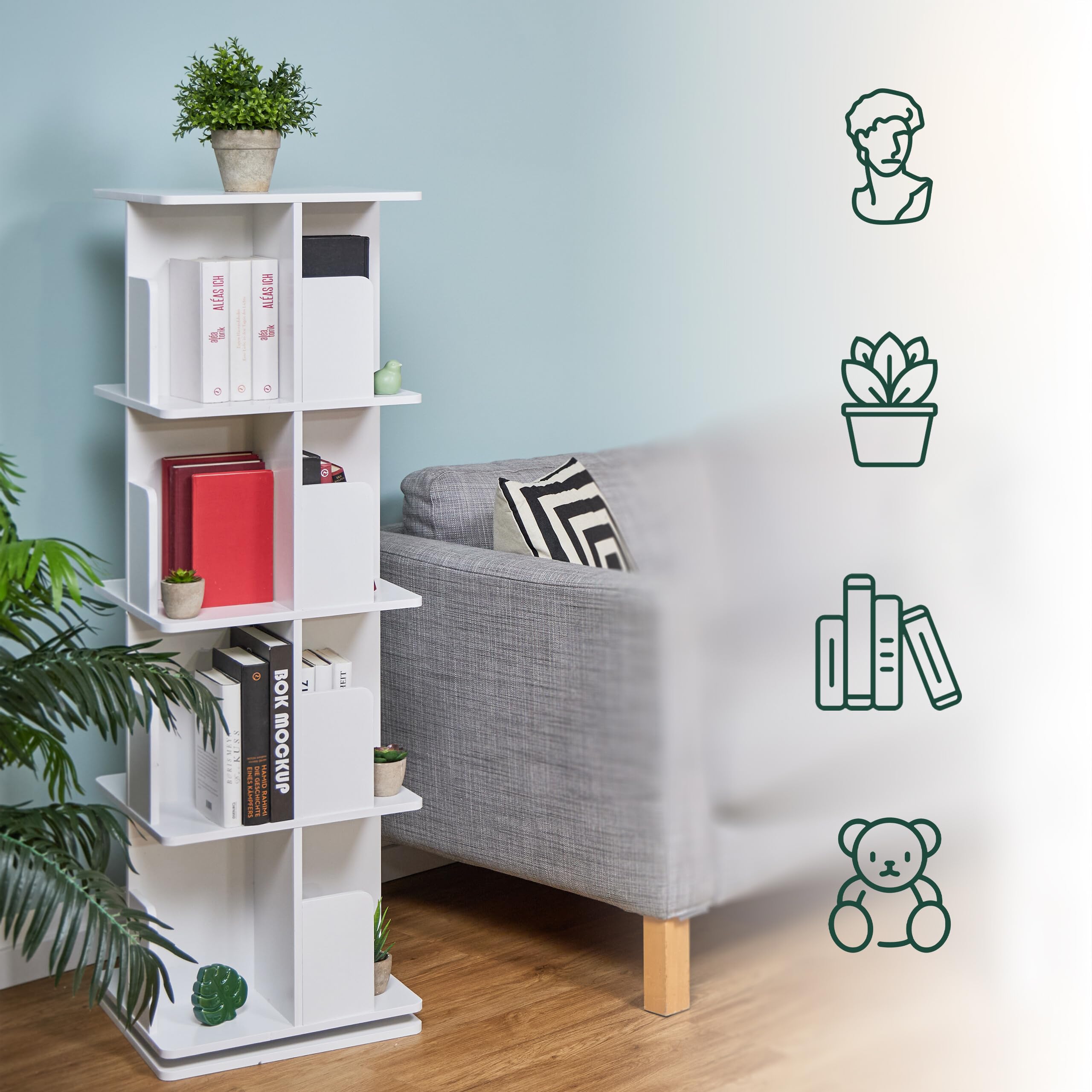 Relaxdays Libreria Girevole, 4 Ripiani, Scaffale Porta Libri, CD, Dvd, Torre Colonna Rotante HLP: 125,5x39x39 cm, Bianco