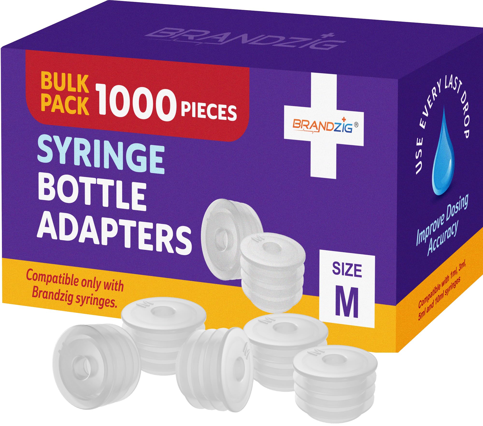 1000 PCS - Medicine Bottle Syringe Adapter For Oral Dispensers (Size Medium) | Press In Bottle Adapter for Liquid Medication | Only Fits Brandzig 1ml, 3ml, 5ml & 10ml Syringes - Bulk Case - 2 Bags of 500 PCS (1,000 pcs)