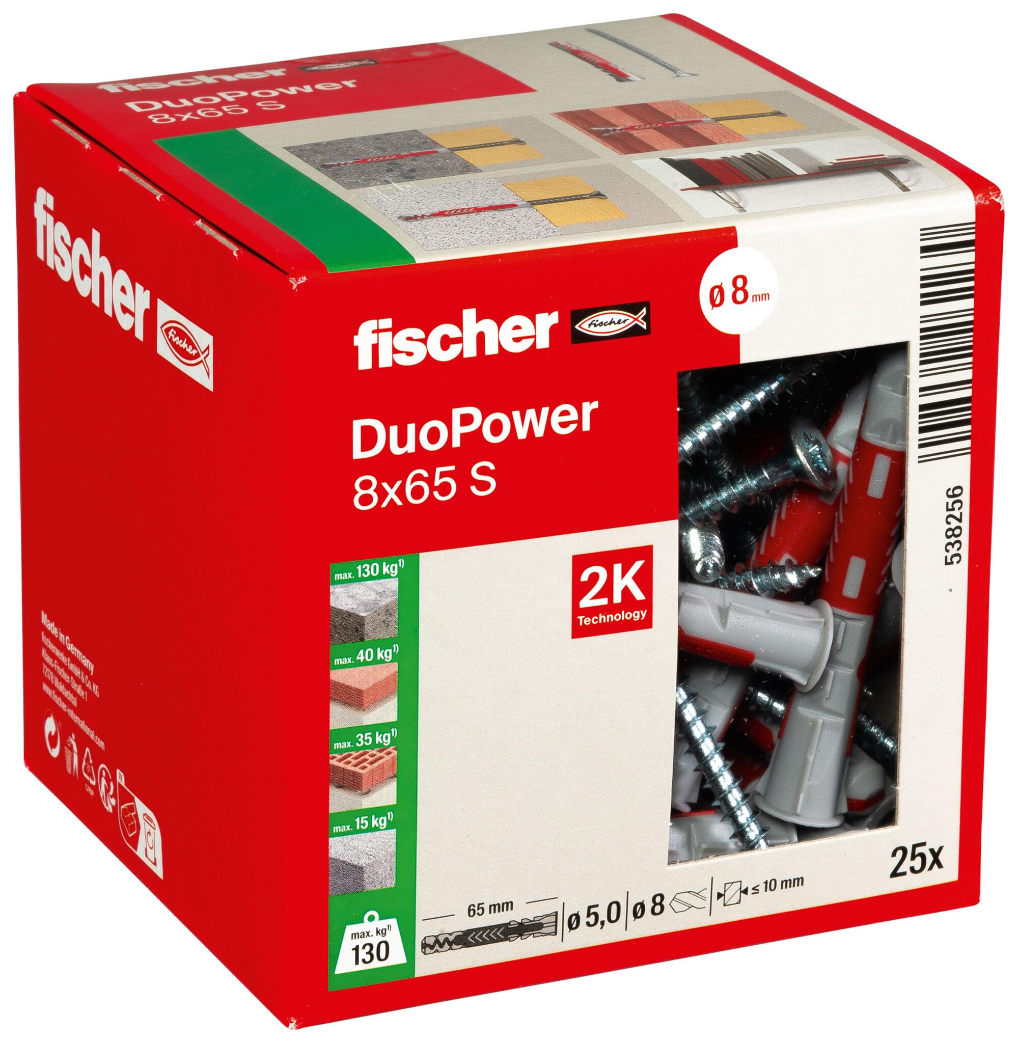fischer DuoPower 8 x 65 S, Universaldübel mit Schraube, 2-Komponenten-Dübel, Kunststoffdübel zur Befestigung in Beton, Ziegeln, Stein, Gipskarton uvm., 25 Dübel + 25 Schrauben