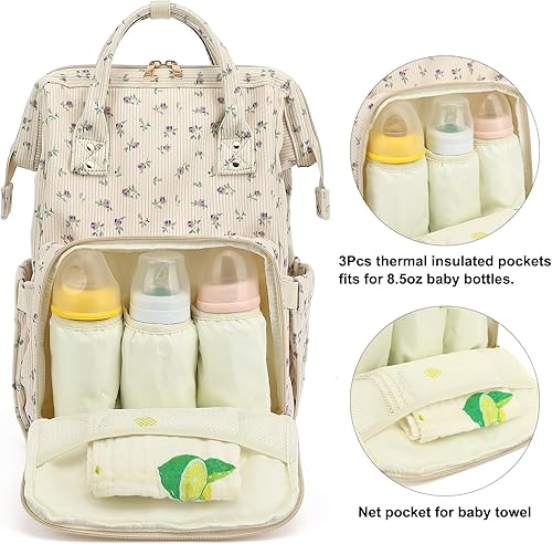 Miniatura 3 de Pañalera de pana para bebés, niñas y niños, bolsas de pañales grandes para mamá (pana beige floral morado)