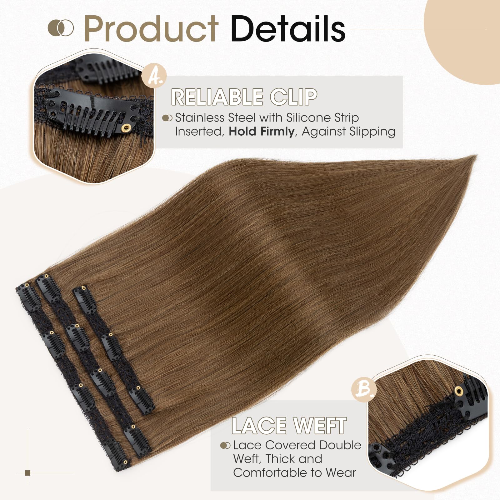 Elailite Clip In Hair Extensions Real Human Hair Remy #04 Medium Brown Double Weft Seamless Hairpieces Straight 16 Inch (73 g) 73g 3 Pieces - Image 3