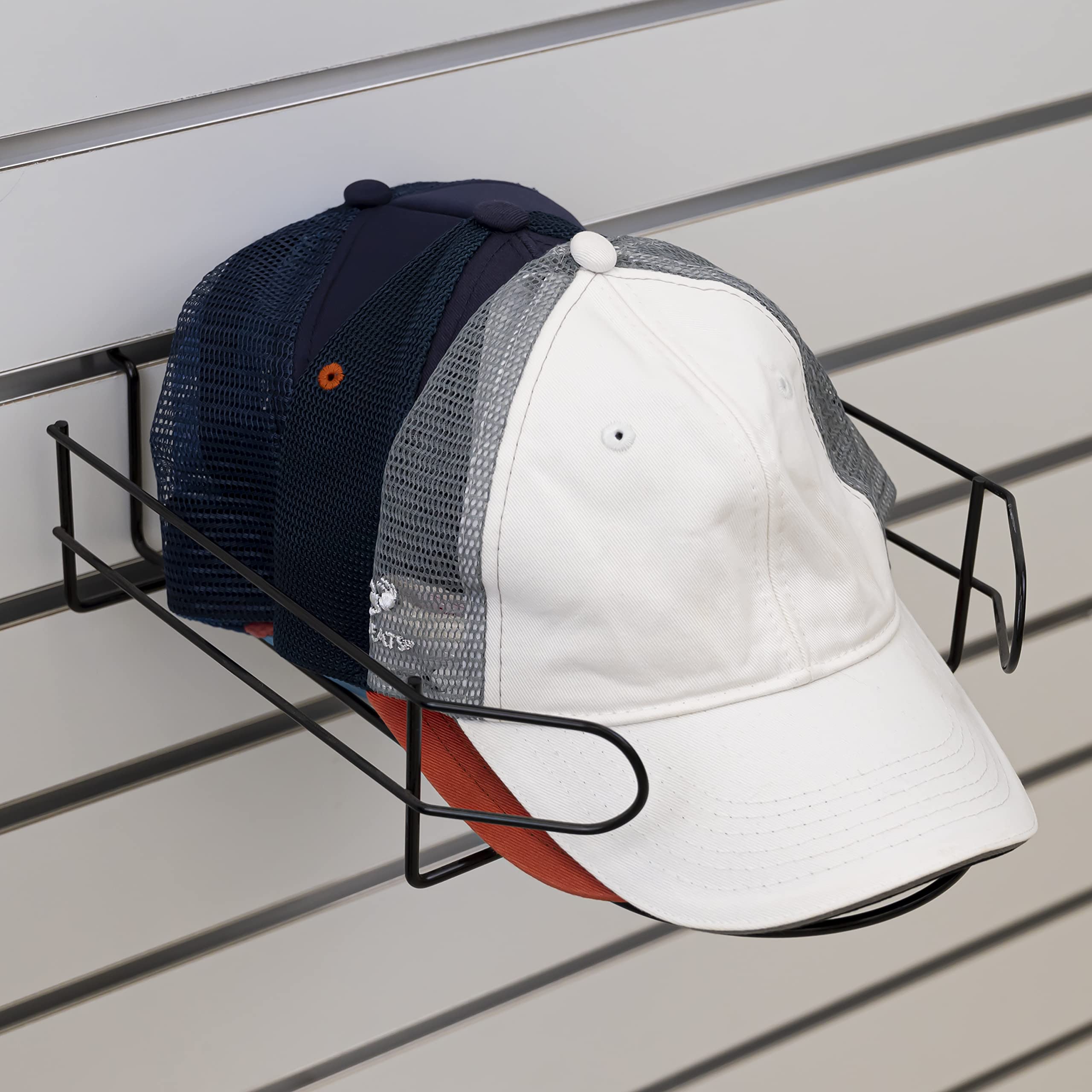 Black/Chrome/White Slatwall Cap Display Rack for Displaying Fitted Hats, Snapback Hats, Unstructured Hats, and Ball Caps (Quantity 1) (1, Black)