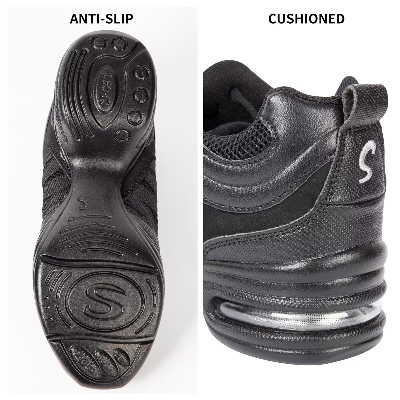 Zapatillas de jazz negras para mujer, transpirables, con cojín de aire