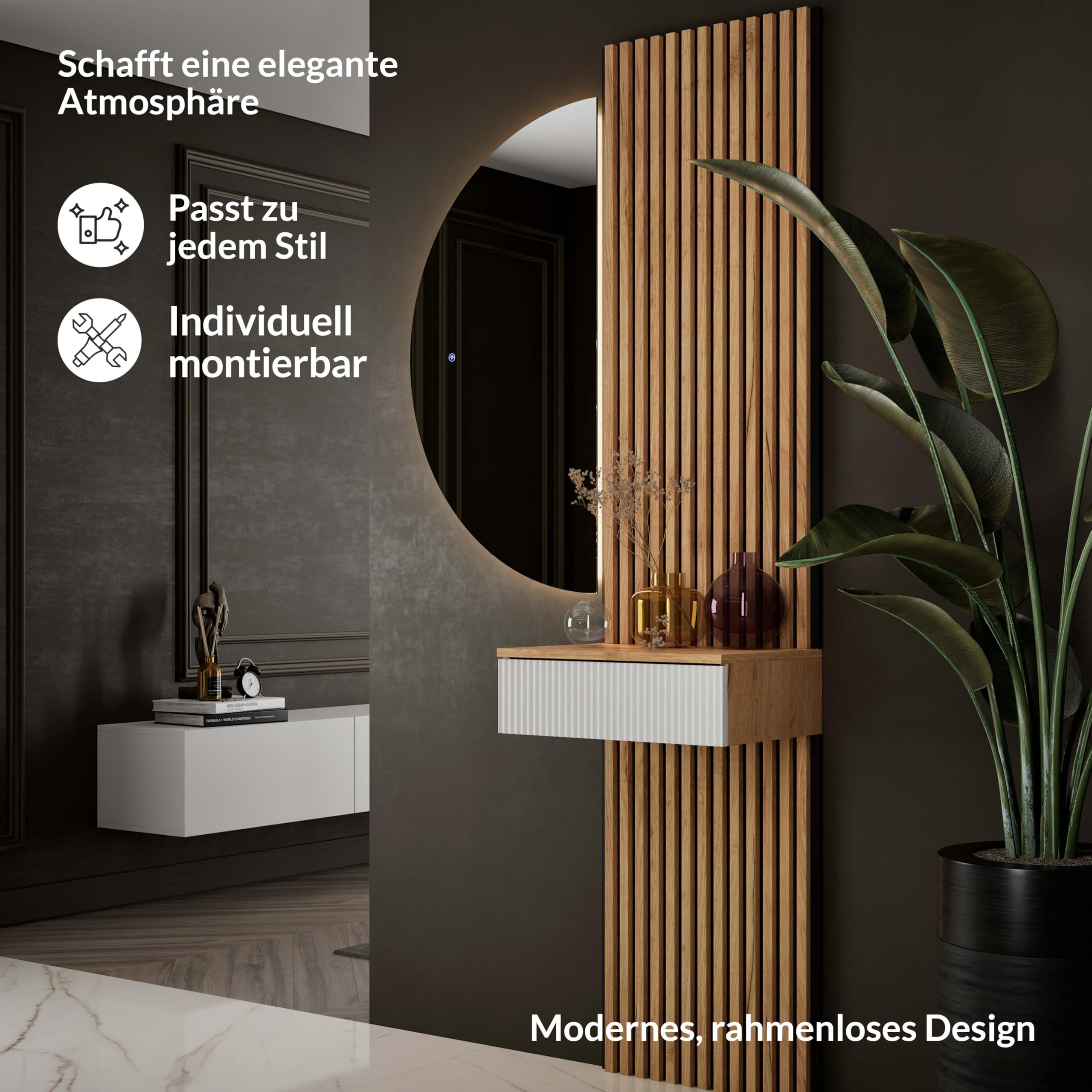 Planetmöbel NIVORA Specchio con illuminazione semicircolare Specchio con luce LED, Specchio decorativo da parete con funzione dimmer, 4200 K, luce bianca neutra, 50 x 100 cm