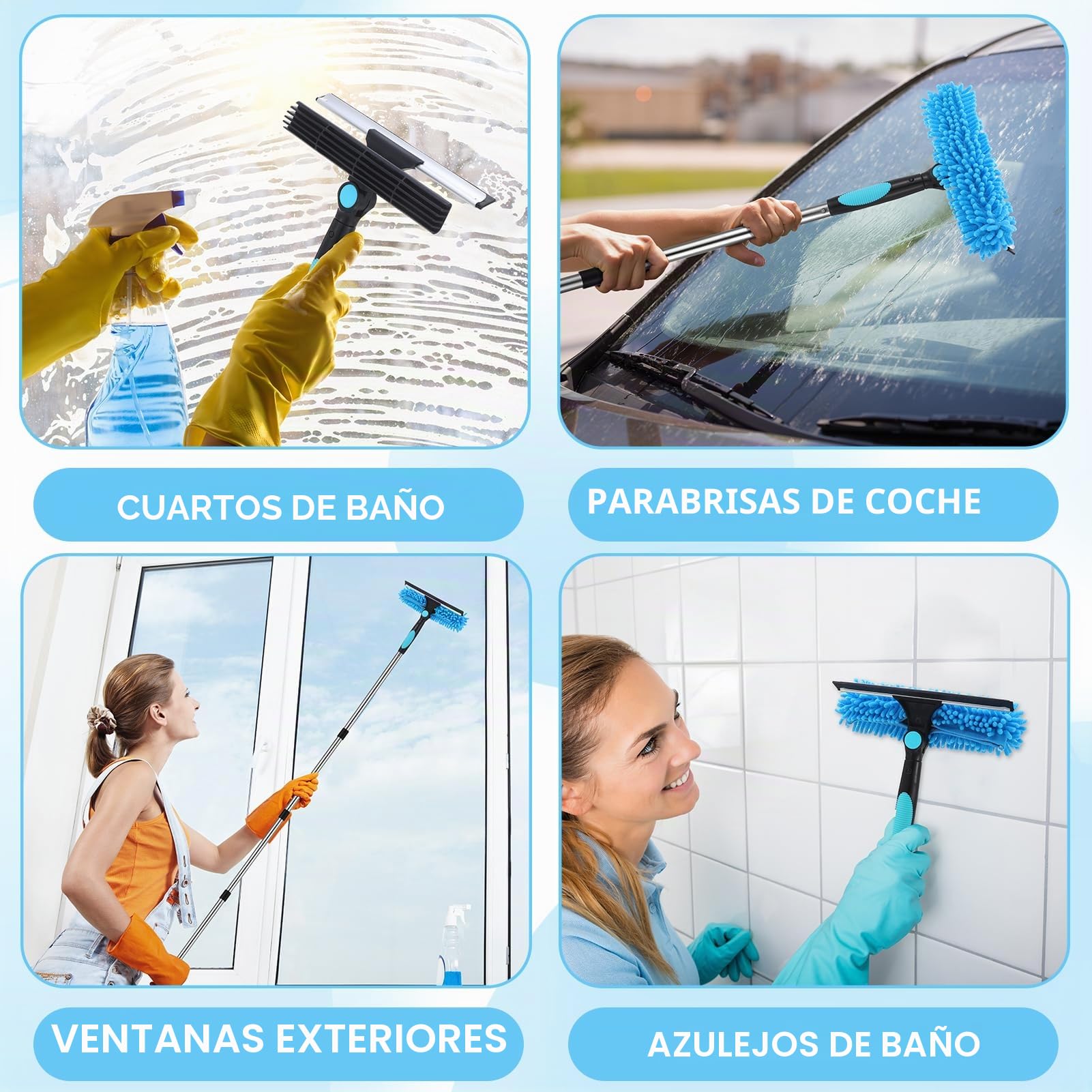 2 en 1 Profesional Raclette Vitre, Kit de Limpieza de Cristales con Manche Télescopique de 240 cm, Limpiacristales telescópico con Tête Flexible para Ventanas Altas de Interior, Azul