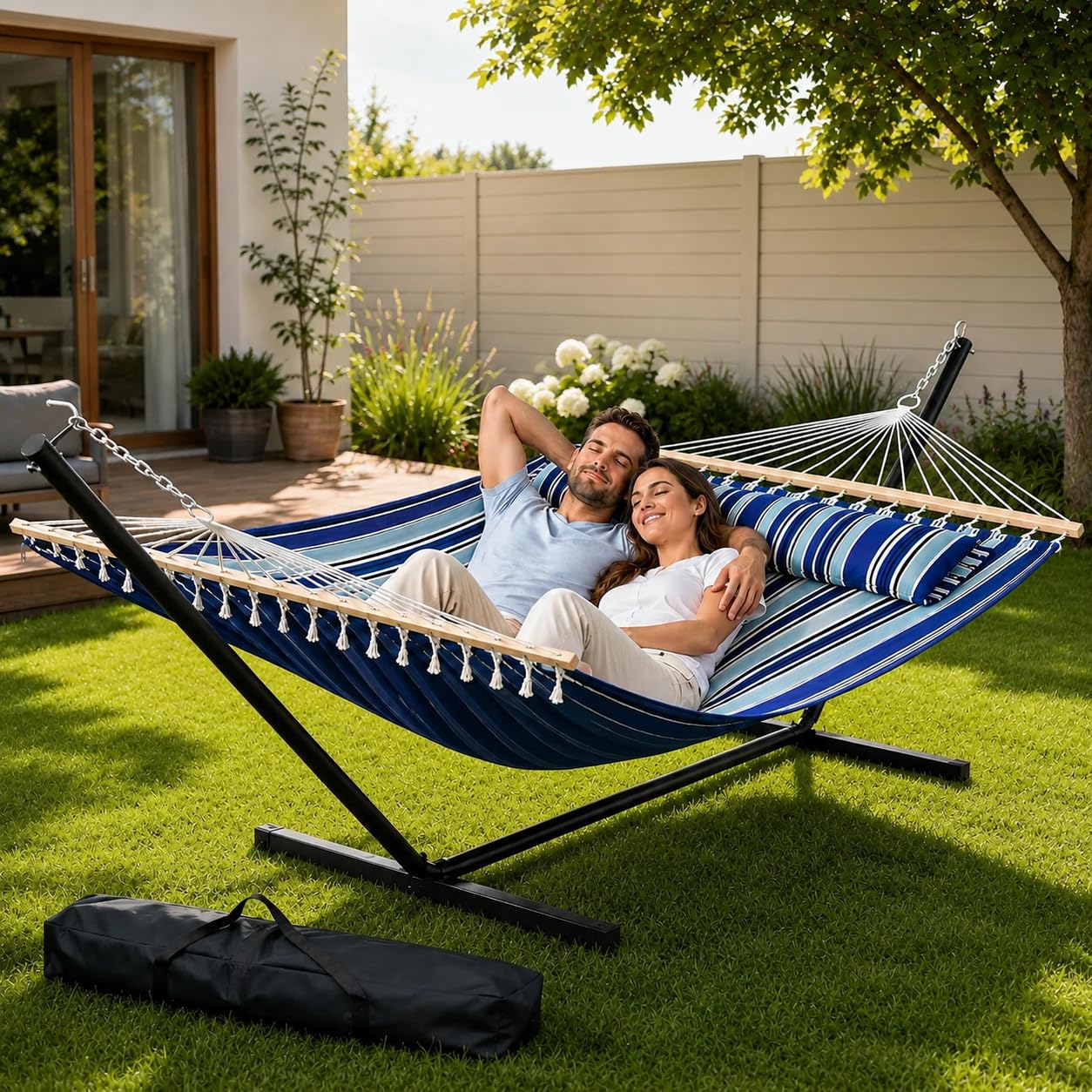 Doppelhängematte mit Gestell für 2 Personen, 290× 150 cm (L× B) | Inkl. Tragetasche | Stahlgestell Bis 215 kg | Robuster Stahlrahmen | Für Terrasse, Balkon, Veranda, Garten Und Schlafzimmer