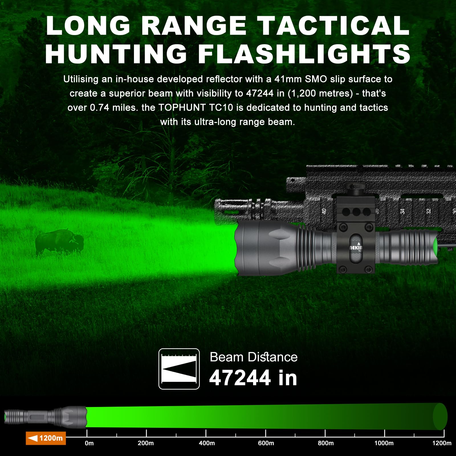 TC10 Kit de lampe de chasse, lumières vertes jusqu'à 1200 m, lampe de chasse haute puissance pour coyote, prédateur, Varmint, Coon & Hog - Éclairage 1600 lumens 1200 m