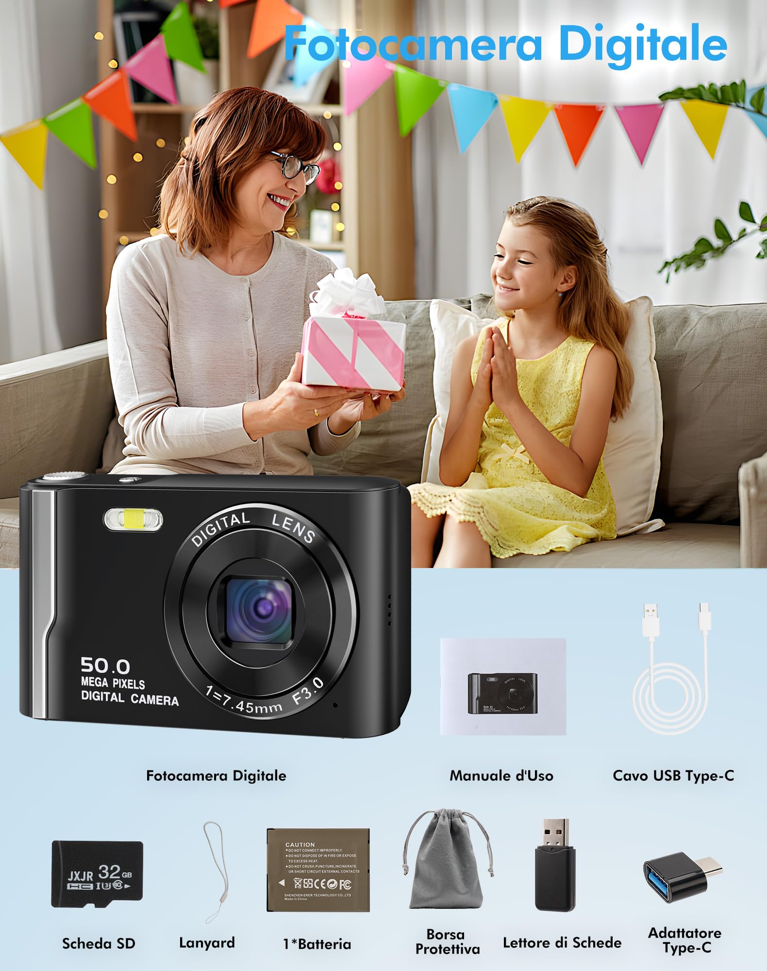 Macchina Fotografica Digitale 4K 50MP con Zoom 16X,Fotocamera Digitale Compatta con Schermo da 2.8" IPS,Anti-Scossa,Scheda 32GB e Funzione Webcam - Macchina Fotografica Perfetta per Bambini e Princ