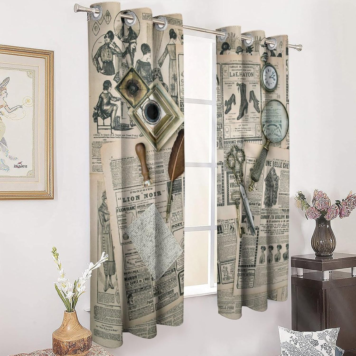 Vintage Newspaper Blackout Curtain, Retro Mid Century Old Camera Magnifier Pocket Watch Scissors Pattern Decor Window Treatments, Grommet Drapes for Bedroom Living Room Kitchen, 52x96inch (2 Panels)