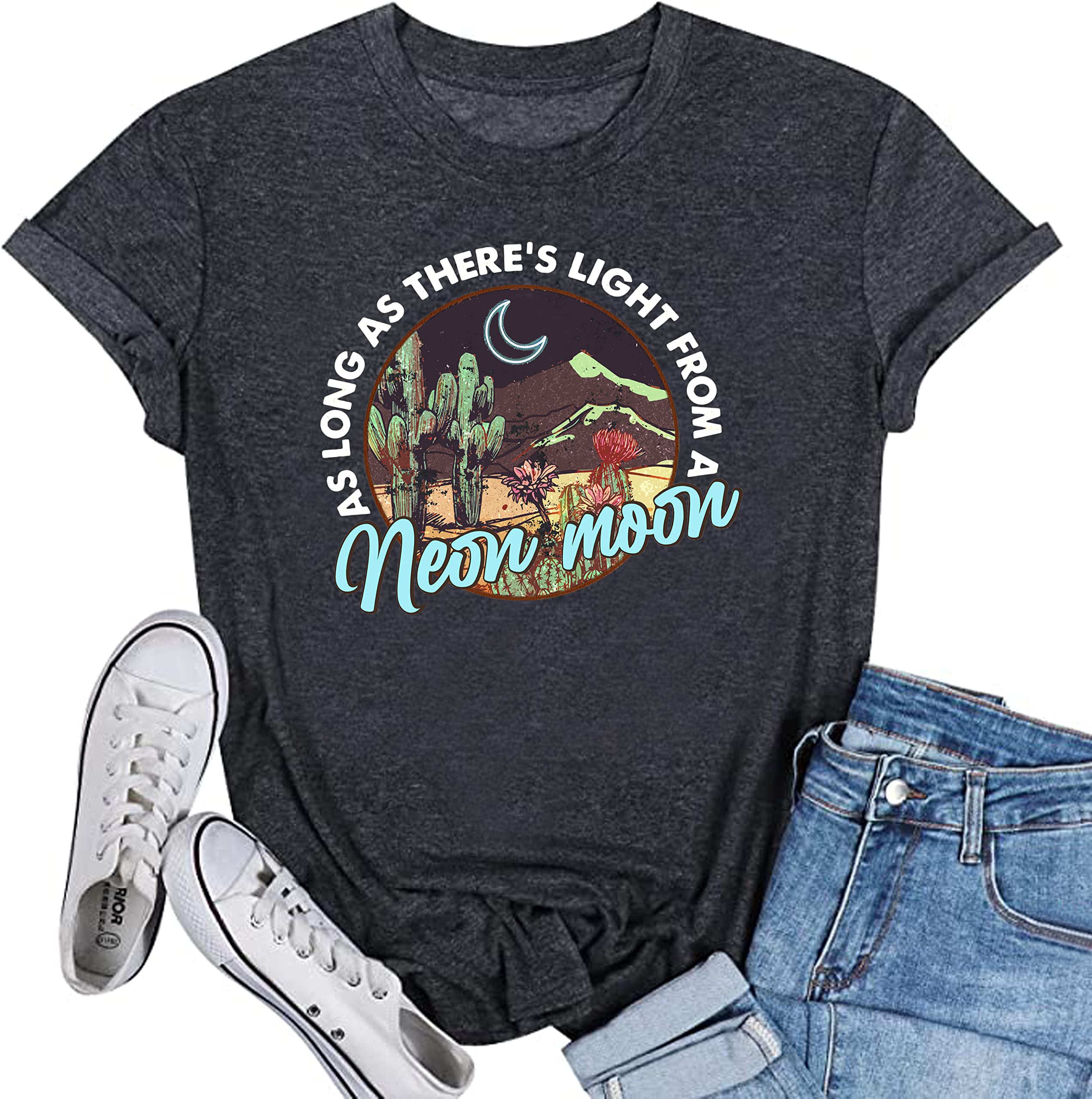COLORFUL BLINGNeon Moon Shirts for Women Western Cowgirl Cactus 90s Country Music Tshirt Graphic Short Sleeve Tee Top