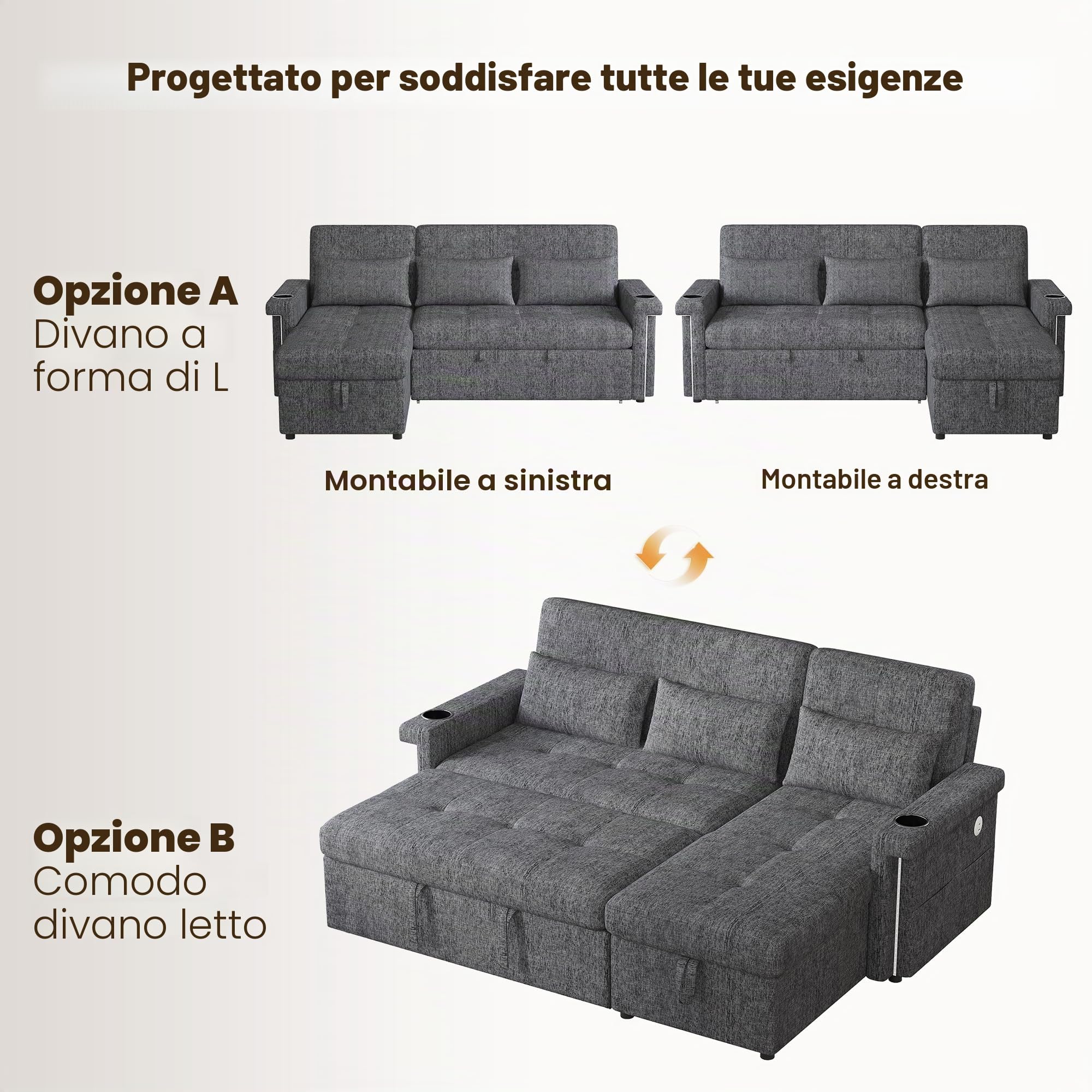 Divano ad angolo con funzione letto, 3 posti, divano L piccolo, divano ad angolo con illuminazione e prese USB, divano con spazio di archiviazione, schienale regolabile – soggiorno, grigio+