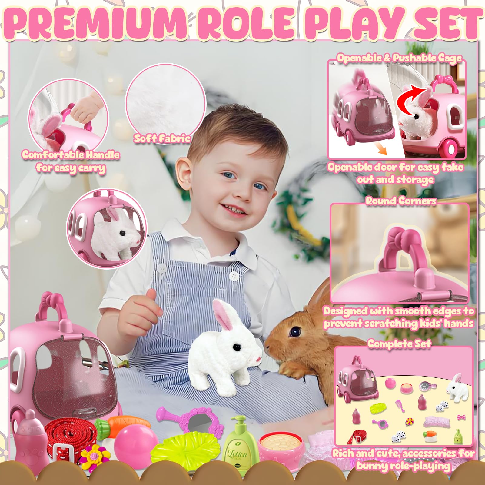 STAY GENT 21 Pezzi Coniglio Giocattolo Interattivo per Bambini, Coniglio Peluche che si Muove Orecchie e Saltella con Gabbia, Pet Peluche Animali Gioco Pasqua Regali per 2 3 4 5 6 anni Ragazza Ragazzo