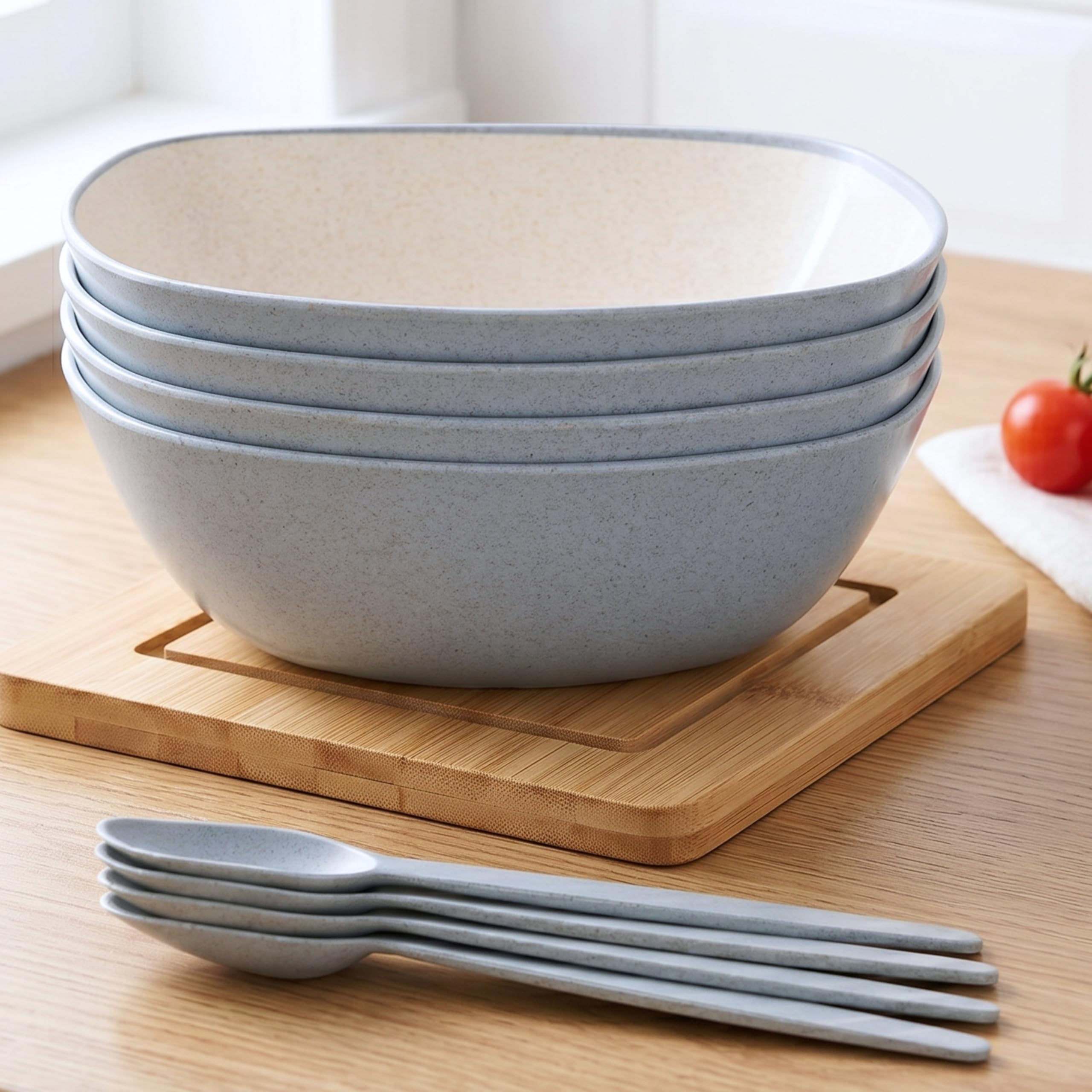 Eha Set of 4 Earth-Friendly Multipurpose Bowls for Kitchen with Spoons | 750 ml | Made with Rice Husk Biocomposite| Microwave Safe Bowl | for Hot & Cold Serving Bowl Set | Azure