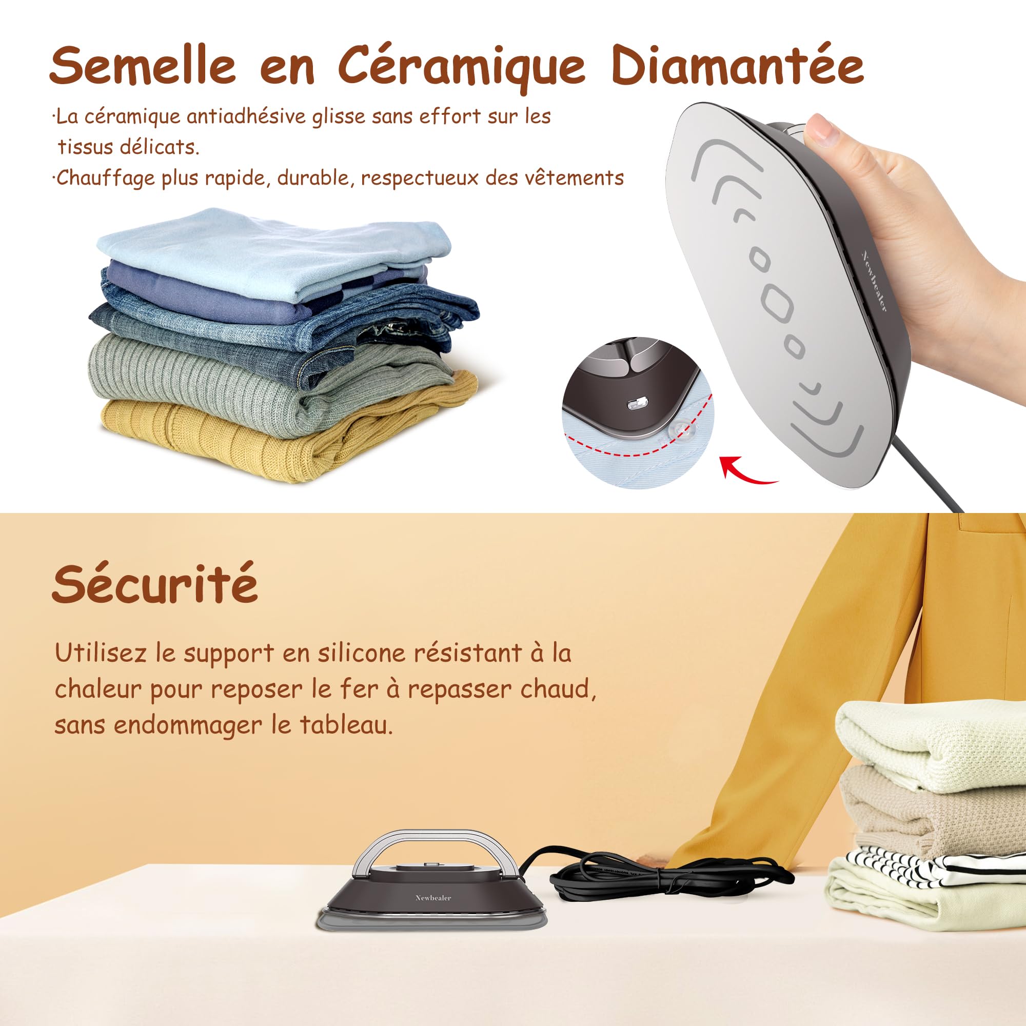 Newbealer Mini Fer à Repasser de Voyage Portable Léger Compact pour Vacances Couture avec Sac de Rangement, Tension Universelle pour Utilisation Globale, Chauffe Vite sans Vapeur, Marron