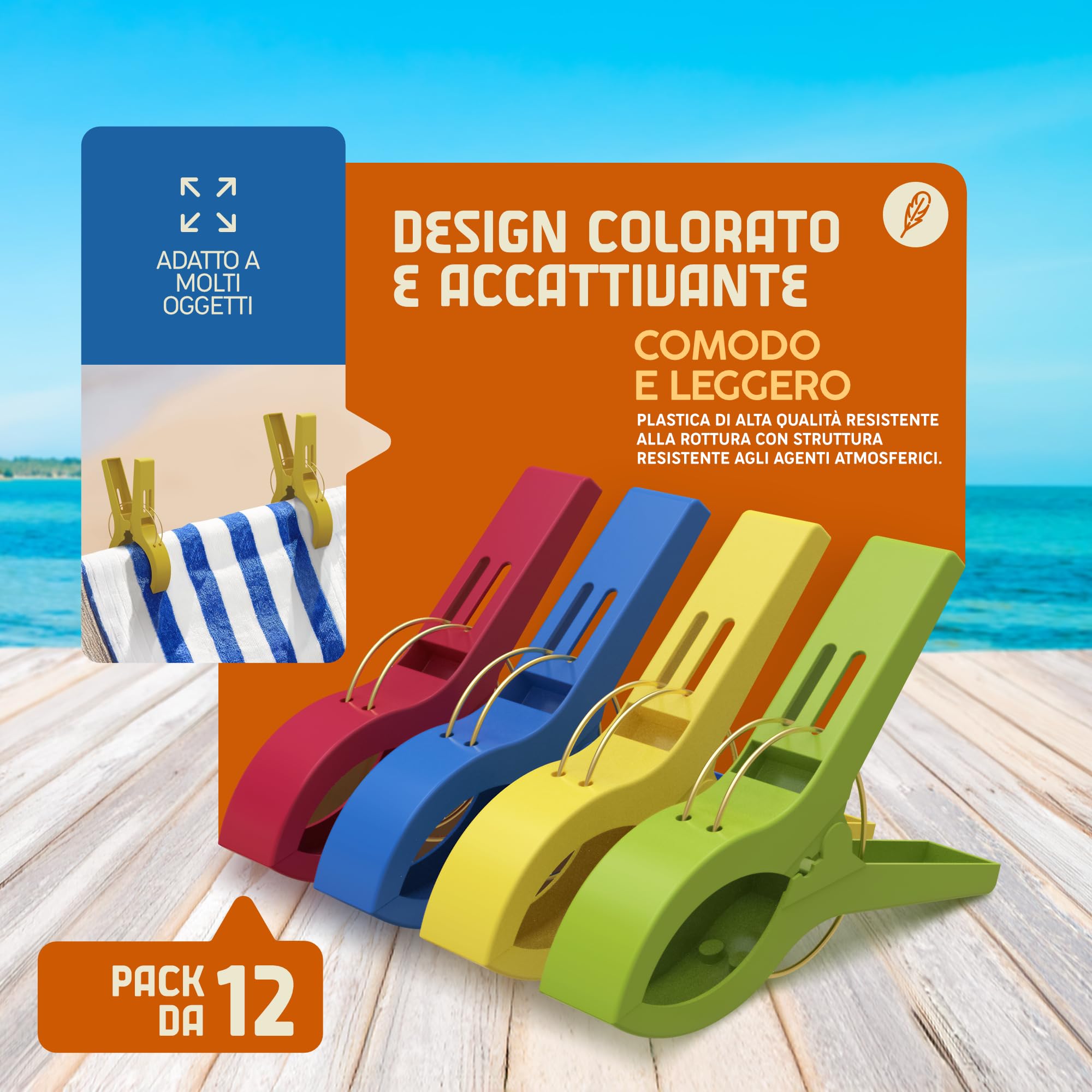 PORTENTUM Mollette per Teli Mare, Confezione da 12, Multicolore - Grandi Mollette in Plastica Antivento per Lettini e Sedie da Spiaggia, Dimensioni 12 x 8.5 x 2.1 cm