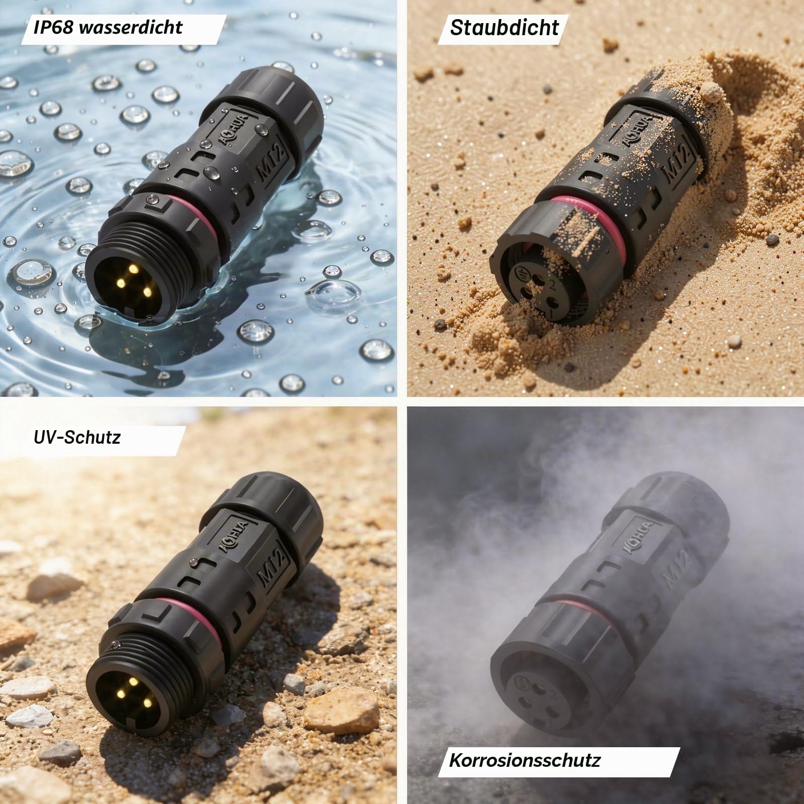 AOHUA IP68 Wasserdichter Steckverbinder 6er-Set, M12 2-poliger Lötanschluss Industrie-Stecker, 300V/5A, passend für Kabel Ø3,5–7,5 mm, Male/Female Stecker-Buchse für Außenbeleuchtung, CE, RoHS