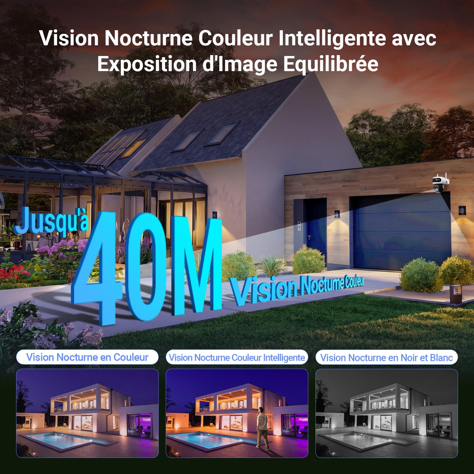 EZVIZ 3K(5MP) x 3 Caméra de Surveillance Extérieure Wi-FI à Triple Objectif, Reconnaissance Faciale Locale, Zoom Hybride x 12, Détection Personne/Véhicule, Vue Nocturne Couleur, Couverture 360°, C90f
