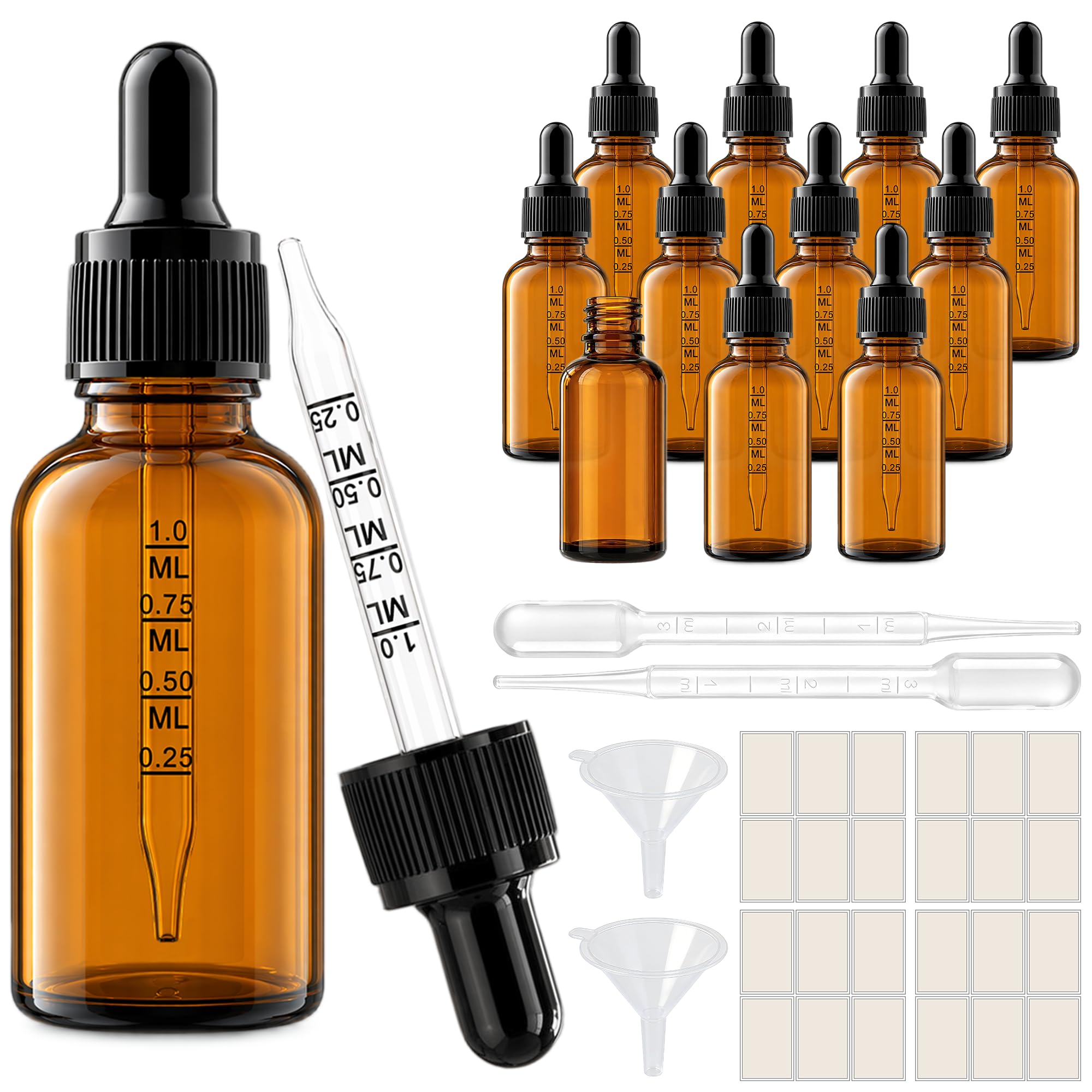 PrettyCare 12 Pack 1 oz Amber Glass Dropper Bottles with Black Cap, 30ml Empty Bottles with Long Dropper - Refillable Tincture Bottles for Hair Oil, Serum &amp; DIY