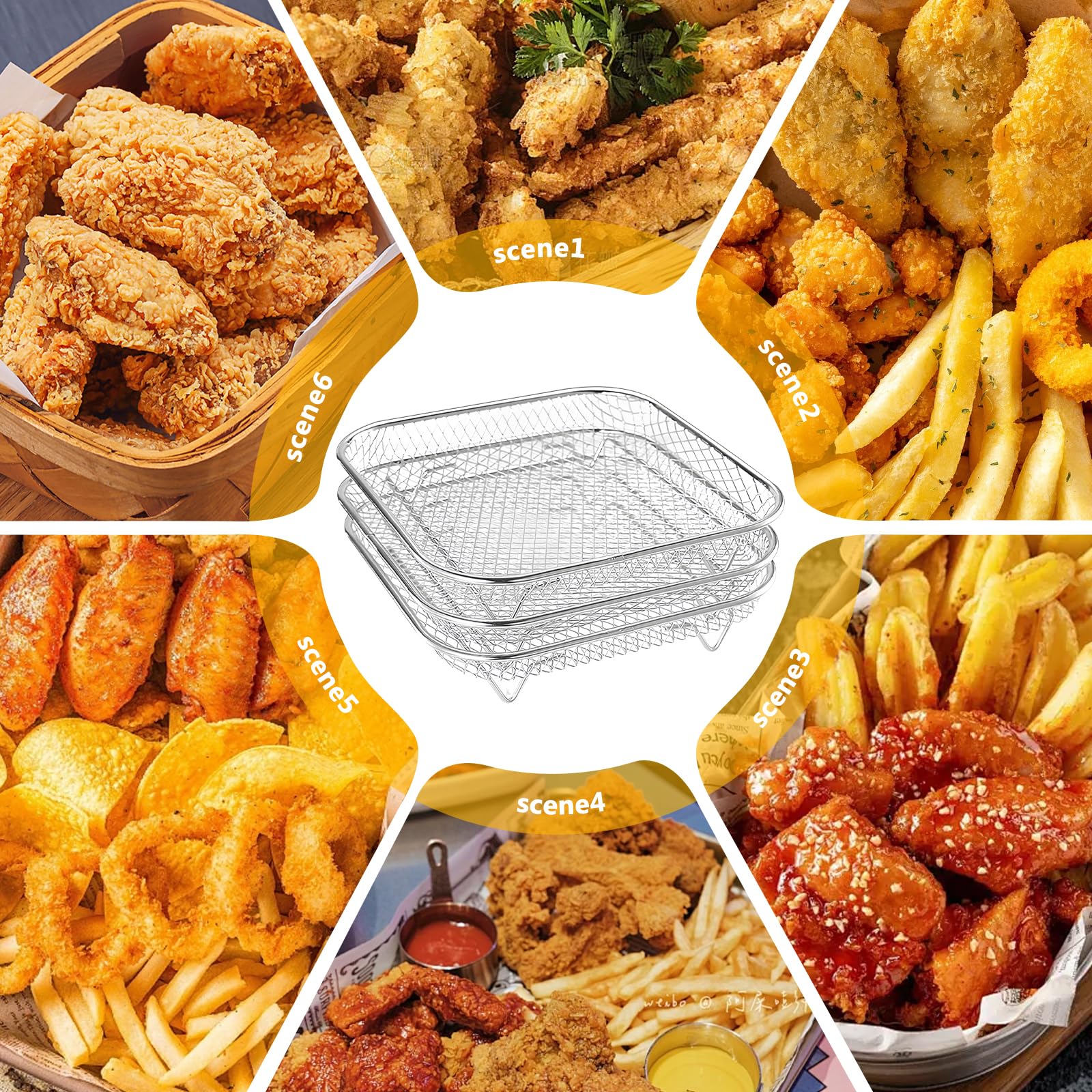 3 cesti griglia per friggitrice ad aria calda: 304 in acciaio inox con 8 piedini in silicone, cesti in acciaio inox, cesti impilabili per airfryer, friggitrice ad aria (quadrato)