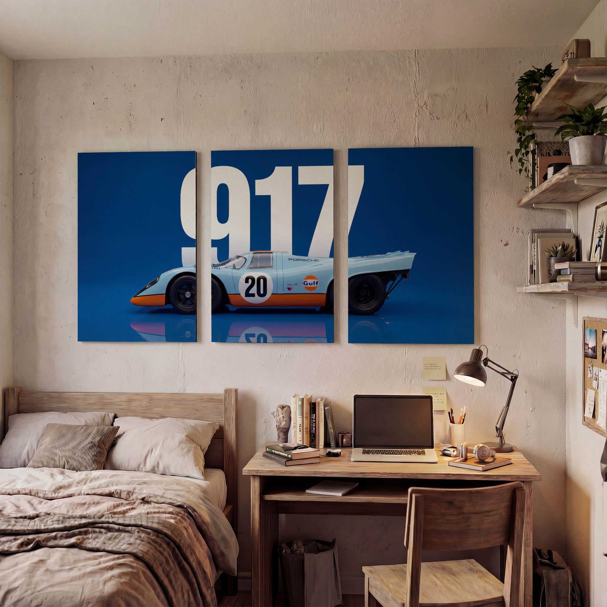 SoulAbiti 3-Piece Porsche 917 Wall Art - Gulf Livery Blue & Orange Racing Car Printed Poster Large Motorsport Triptych Posters - Racing Decor for Room & Garage Le Mans Legend 4