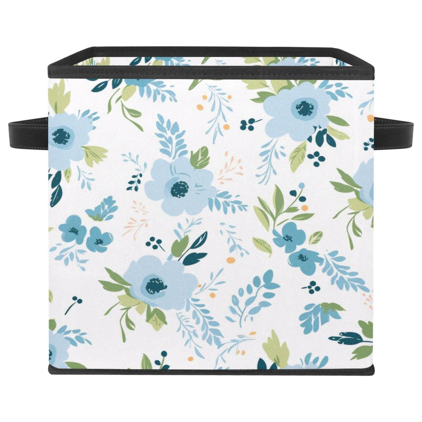Bac de rangement cube floral bleu avec poignées en cuir pour étagères