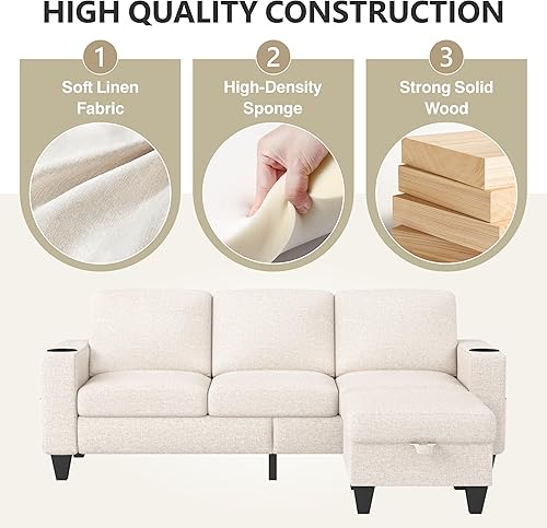 Miniatura 7 de ZeeFu Sofá modular convertible, sofá modular en forma de L, con puerto de carga USB y tipo C y portavasos, moderno juego de sofá de lino con otomana