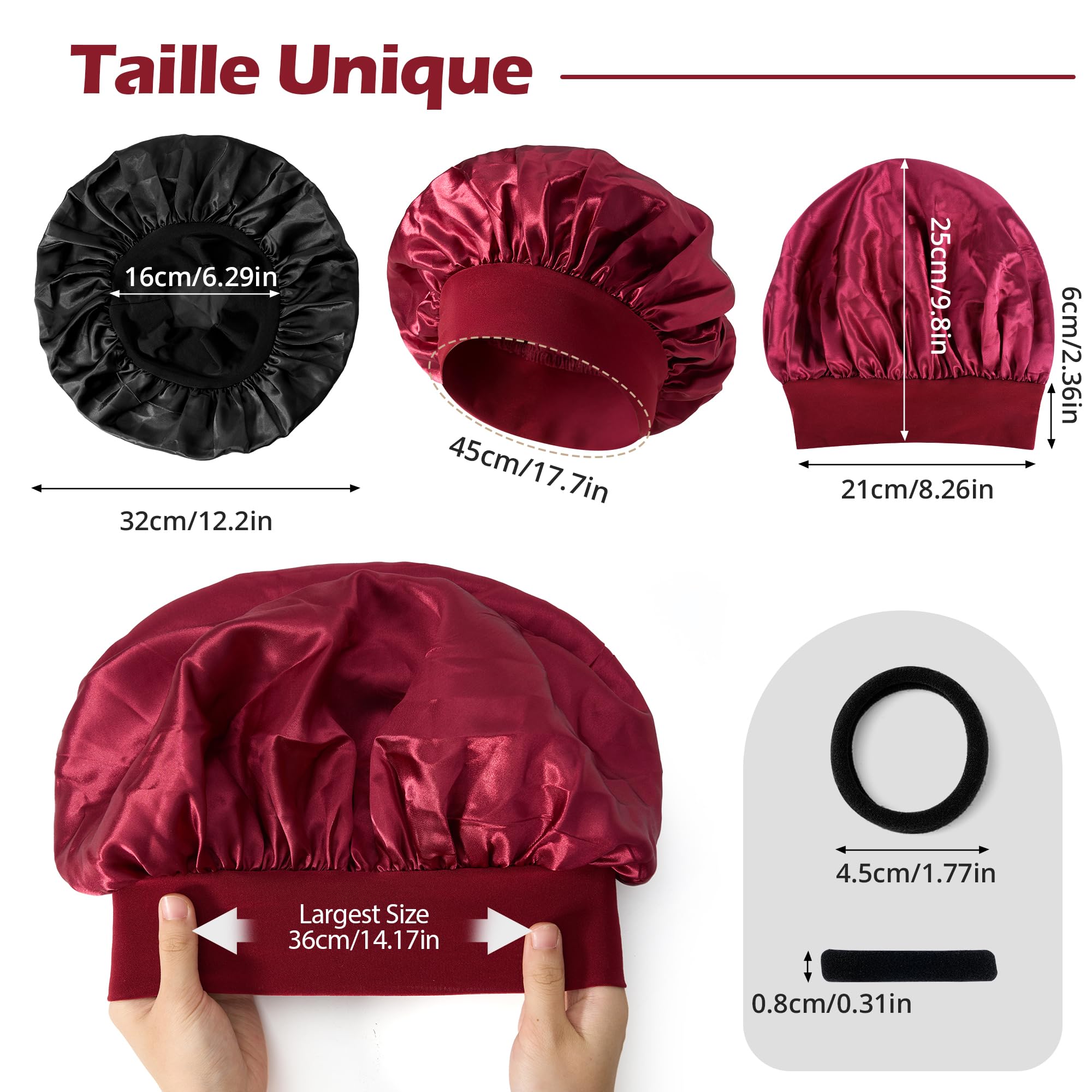 Bonnet Satin Cheveux Nuit Set, 3 Bonnets de Nuit avec 3 Élastiques Noirs, Bonnet en Satin pour Cheveux Longs et Courts - 4