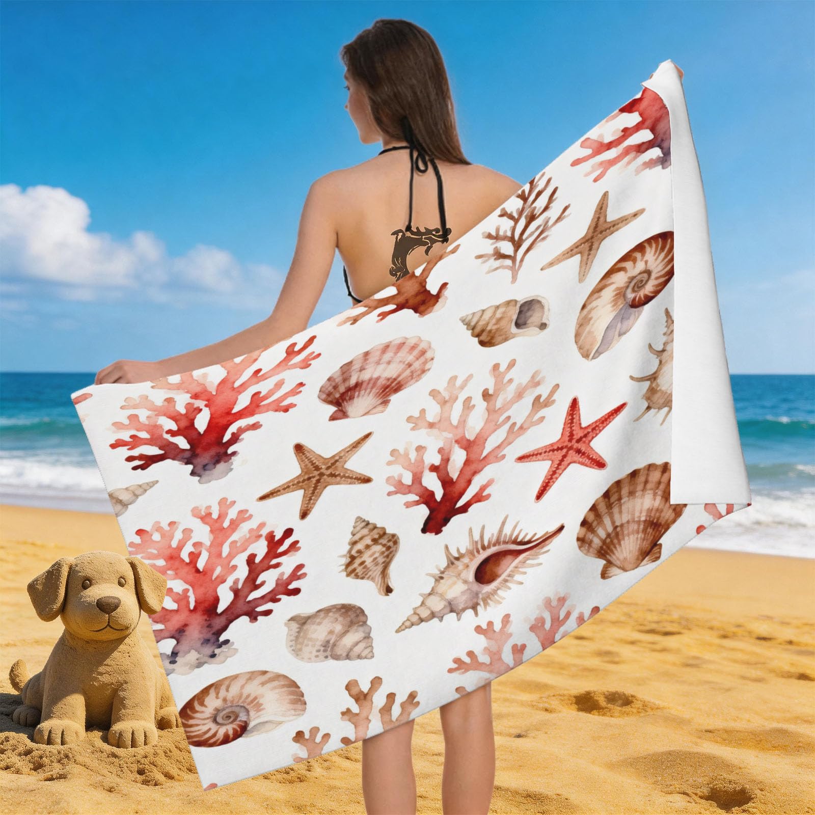 Leichong 3D Ocean Life Beach Towel Microfiber Soft Quick Dry for Adults, Shell Bath Towel Lightweight Soft Absorbent for Travel Swimming Pool Sports, 75 x 150 cm