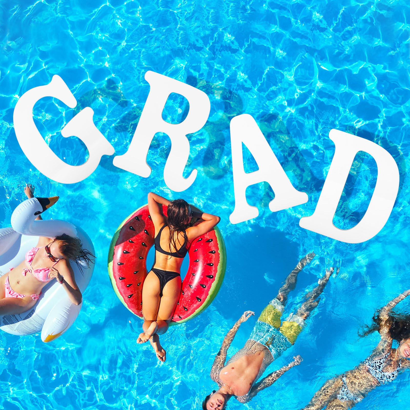 Photo 1 of Arrowbash Large Grad Prom 2026 Floating Letters 20 x 15 Inch Pool EVA Foam Letters 2026 Graduation Pool Party Decorations Congrats Party Decor(Grad,4 Pcs)