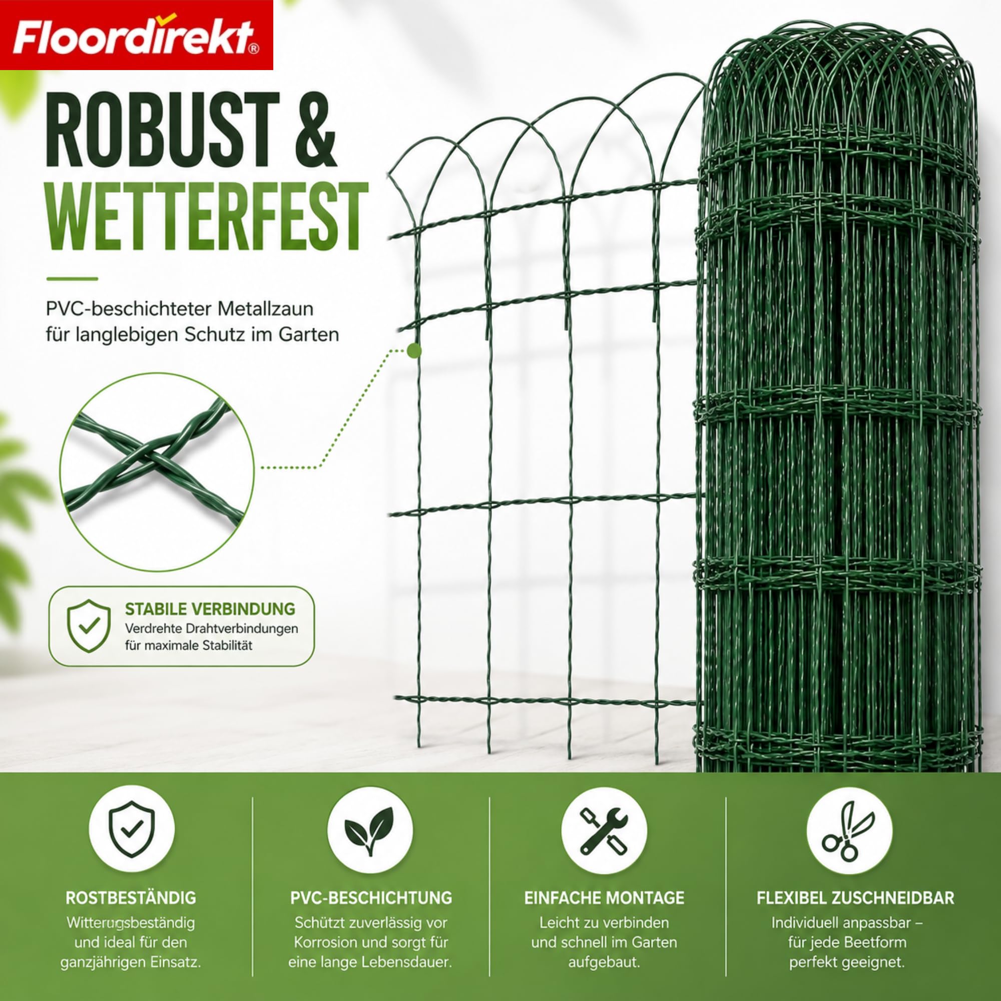 Floordirekt Beetzaun Metall, 65 cm x 10 m, Ziergeflecht, dekorative Beeteinfassung, Beetumrandung, Gartenzaun, Zaun zum Stecken, Drahtzaun, Zierzaun, kleiner Zaun für Garten