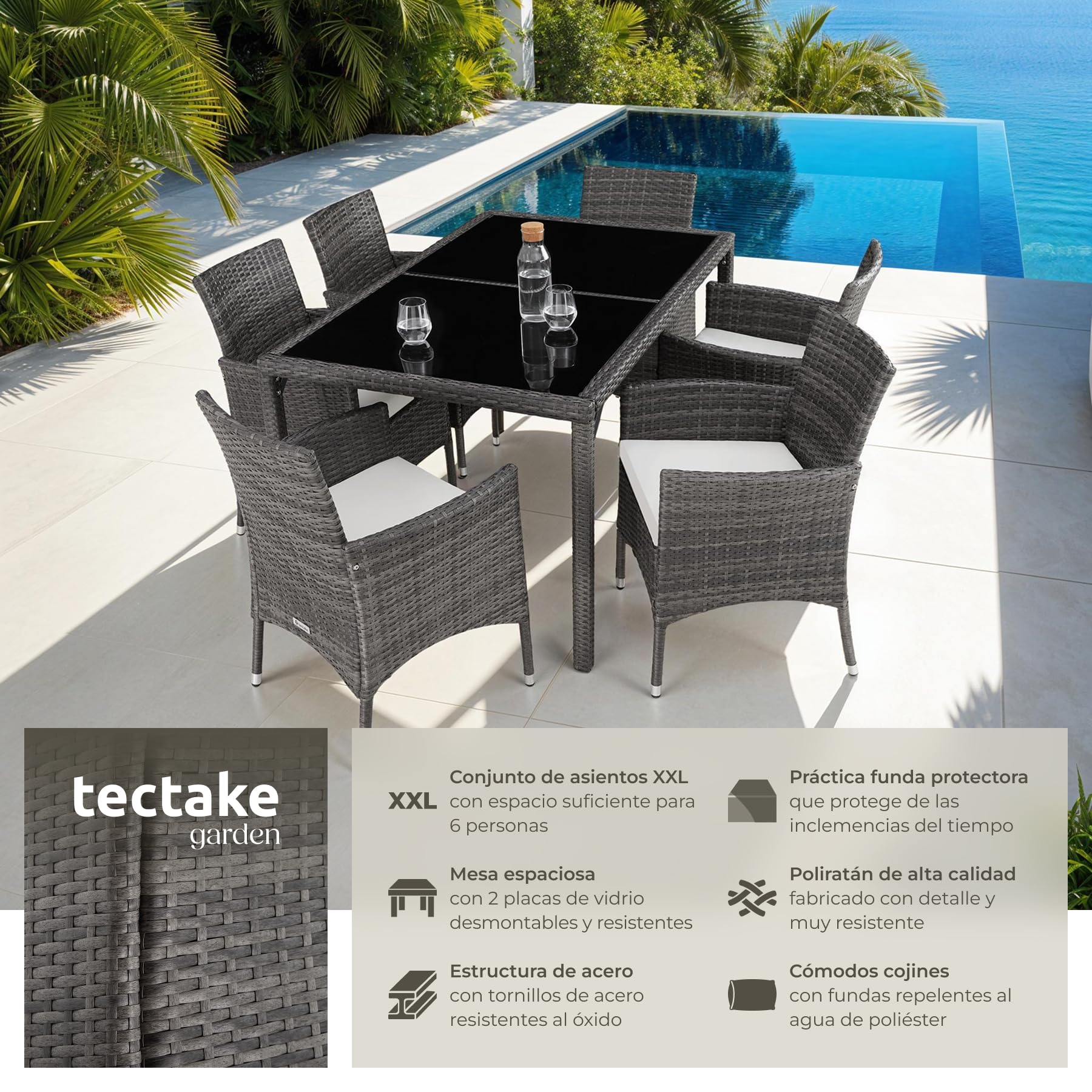 tectake® Conjunto Jardín Exterior de Ratán y Aluminio, Muebles Jardín Exterior Resistentes a Intemperie, para hasta 6 Personas, con Tornillos de Acero INOX. y Funda Protectora - Gris