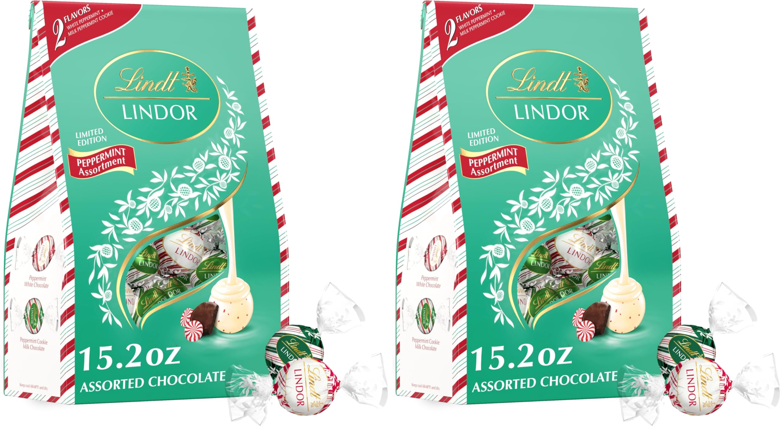 Lindt LINDOR Assorted Chocolate Candy Truffles, Chocolate with Smooth, Melting Truffle Center, 15.2 oz. Bag: Assorted Peppermint Chocolate Holiday Bag 15.2 Ounce (Pack of 2)