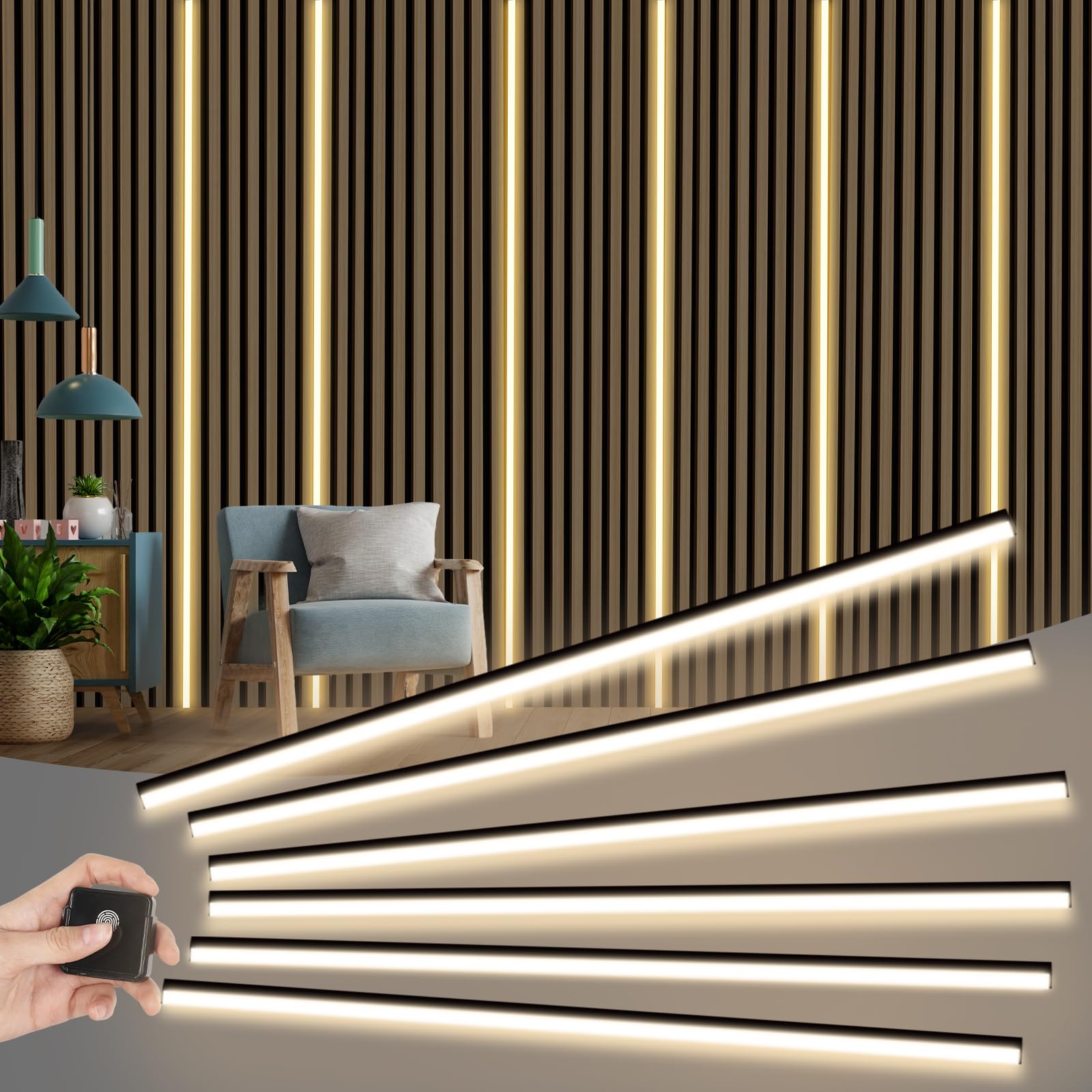 LED für Akustikpaneele, 2.4m Eingebetteter Akustikpaneele Beleuchtung, Dimmbare Led Akustikpaneele mit Touch-Schalter für Akustikpaneele Regale Schränke, Schneidbar, Schwarz (6 Stück)