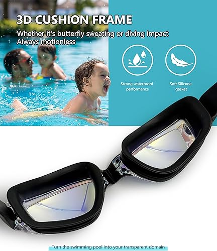 Miniatura 5 de Juego familiar de 3 gafas de natación antivaho y a prueba de fugas para adultos y niños (6 a 14 años) con protección UV  Ajuste cómodo ajustable