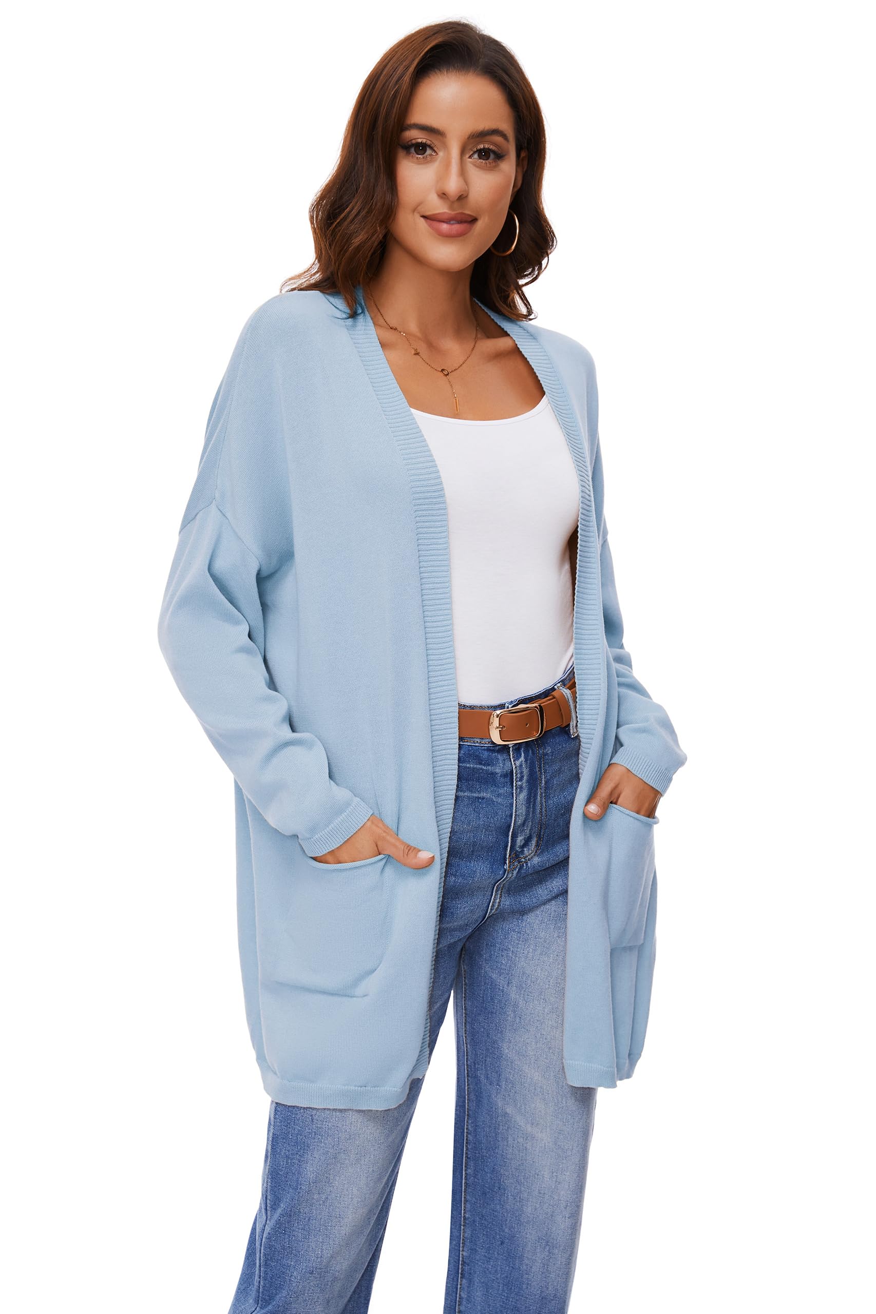 Cardigan Aperto in Cotone 100% per Donna con Tasche, Maniche Lunghe, Morbido, Oversize, Maglione Casual da Donna, Blu Chiaro, S