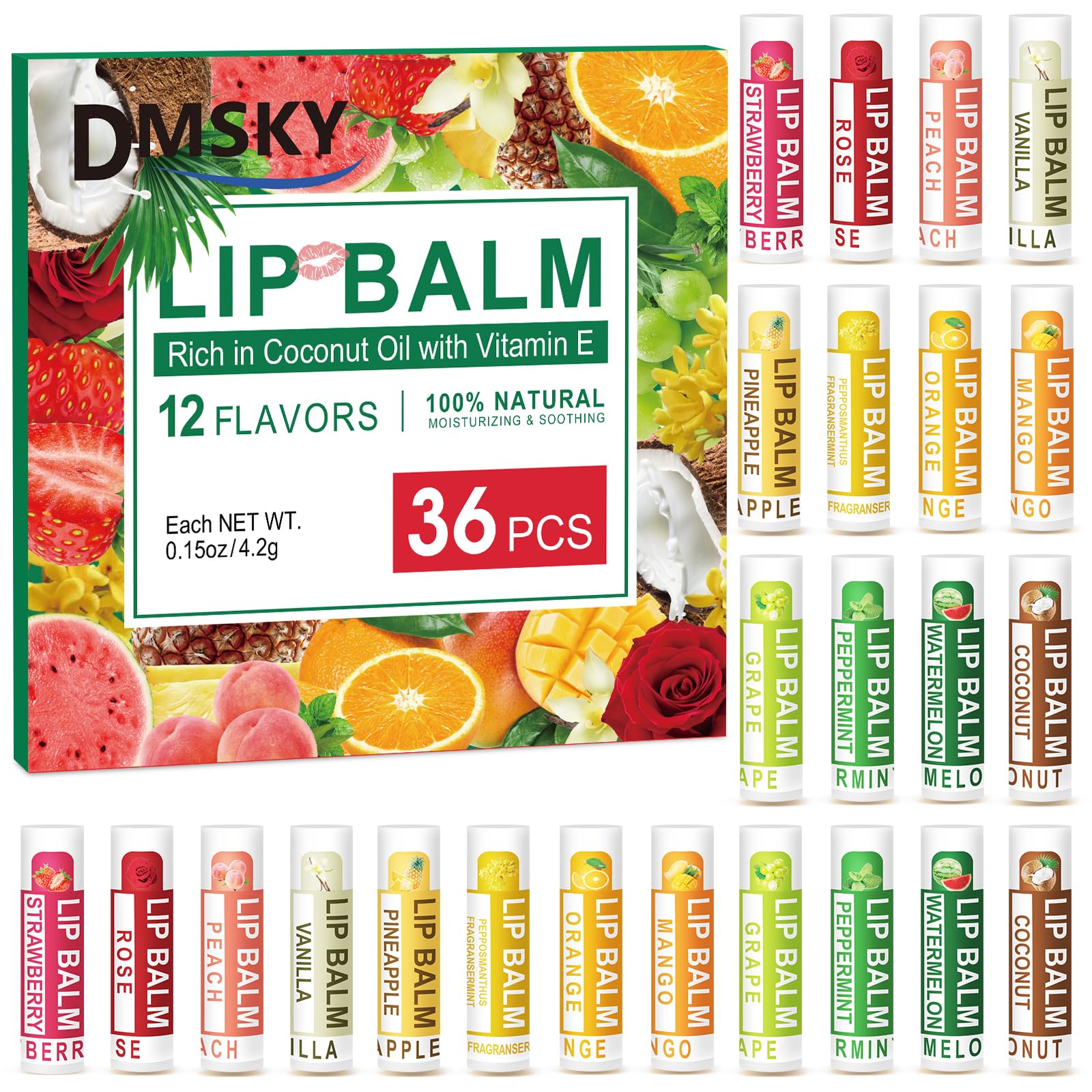 DMSKY 36 Pack Lip Balm, Natural Lip Balm Bulk with Vitamin E and Coconut Oil, Moisturizing Lip Care Product for Dry Cracked Lips- 12 Flavors