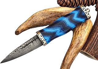 SGIAN DUBH Knife Handmade Damascus Steel Blade Scottish Dirk Custom Handmade Wenge Wood, turquoise and Brass Handle with Leather Sheath (Blue Light Micarta) - Silver Edge Knives