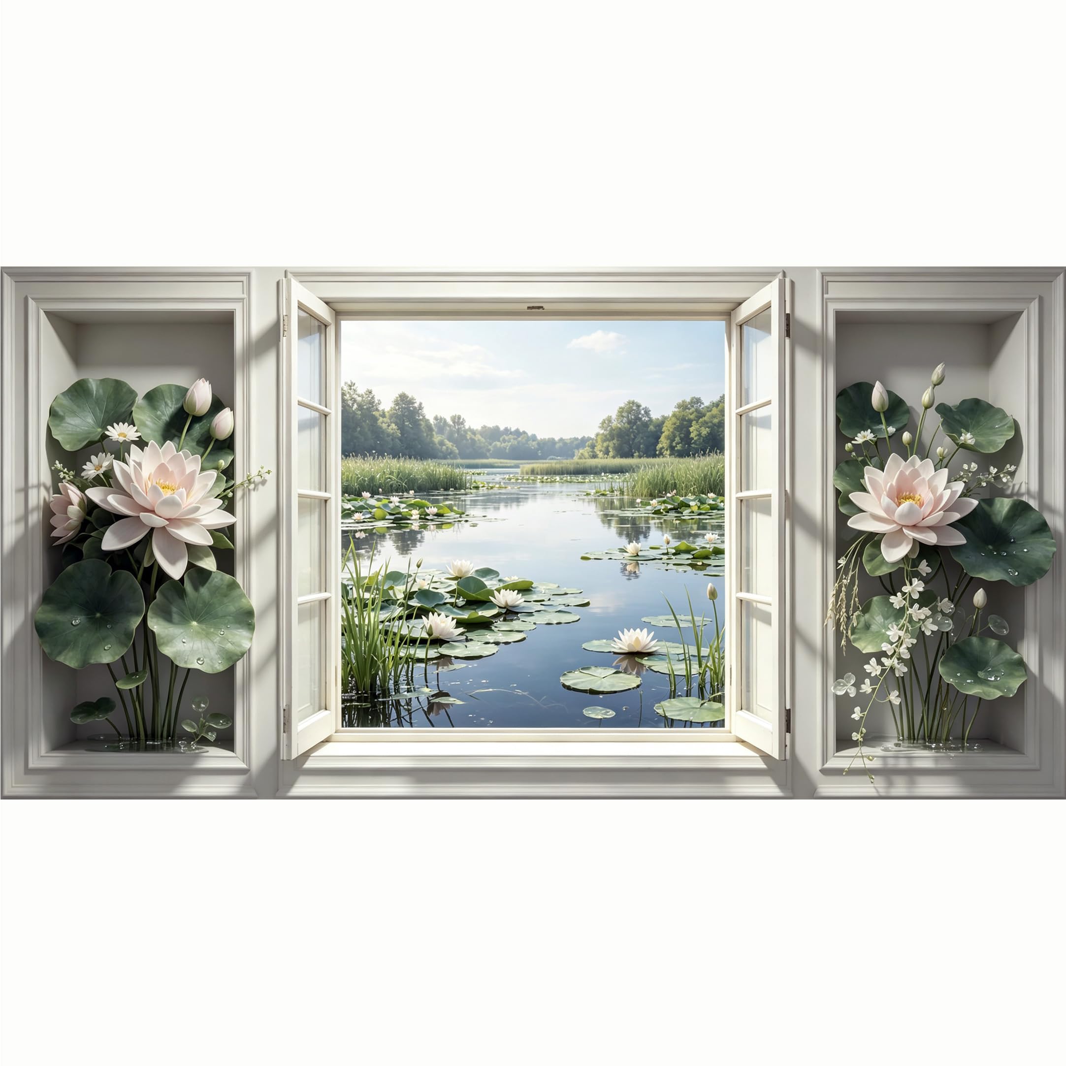 QZLITHOTIC 50x100cm 3D Framed Wall Art， Scenic Lotus Pond Lake View Self‑Adhesive Mural， Water‑Activated Peel & Stick Fabric Decor Wall Decal for Bedroom Living Room