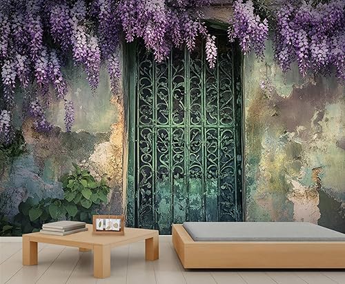 KIREUPA Mural de pared vintage con puerta de hierro de glicina, mural de pared 3D de jardín floral rústico, mural de papel tapiz de puerta antigua