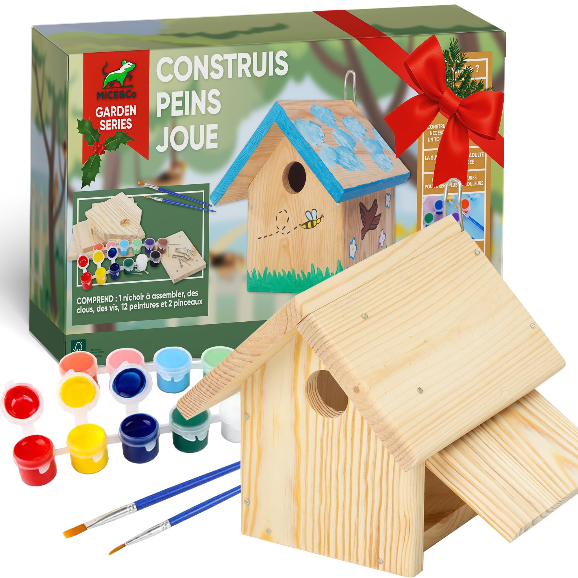 Mice&Co Maison d'Oiseau en Bois à Peindre | Kit Loisir Créatif DIY Jardin | Inclut 12 Peintures et 2 Pinceaux, Clous et Vis Inclus, Origine Européenne, Vrai Nichoir, Idée Cadeau