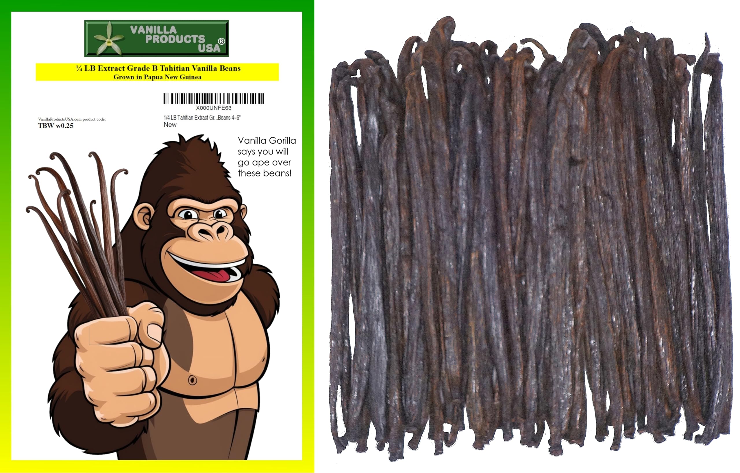 Vanilla Products USA 1/4 LB (4 ounces) Tahitian Extract Grade B Vanilla Beans 4~6"