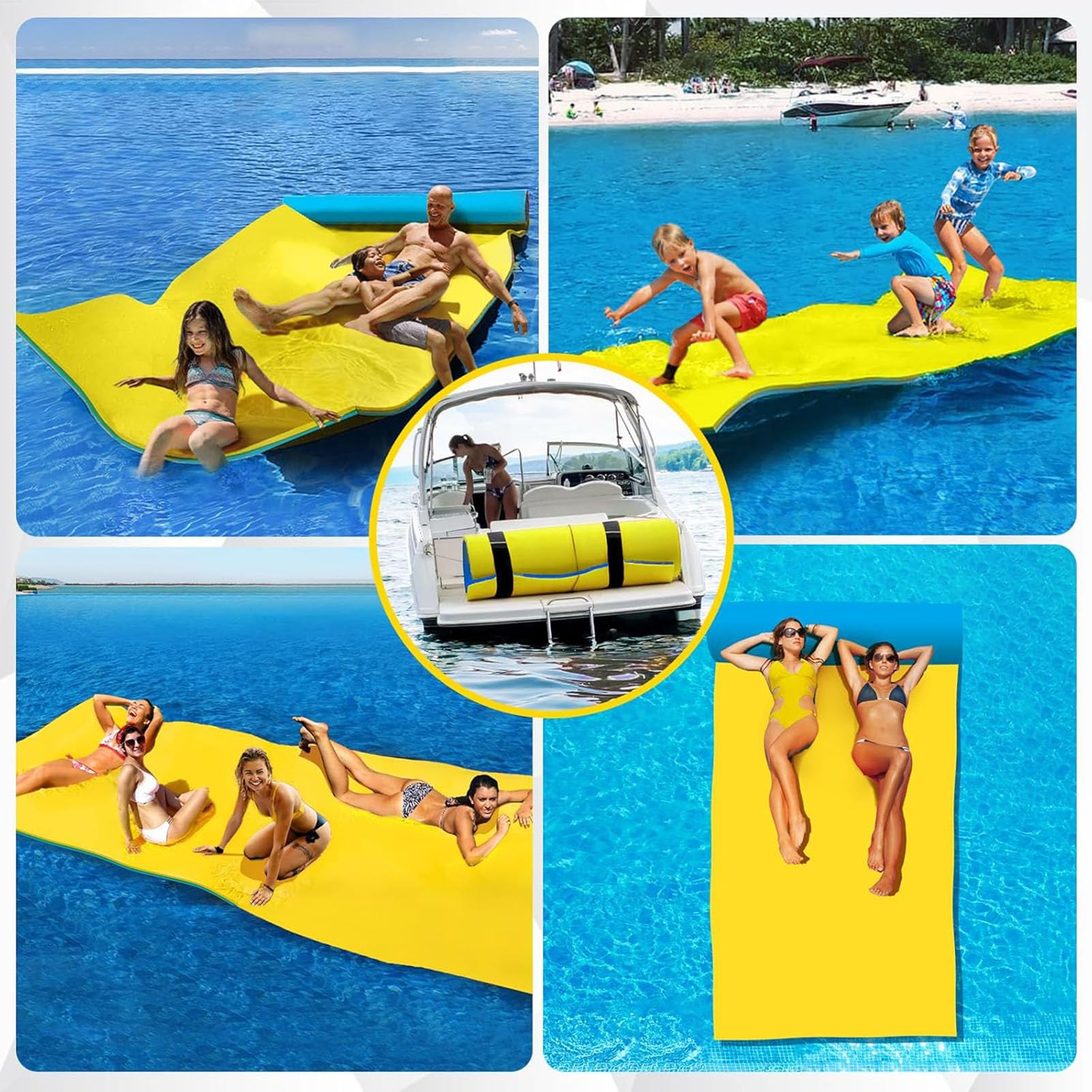 Tappetino galleggiante per gigli, tappetino galleggiante sul lago, schiuma XPE resistente agli strappi a 3 strati, compagno perfetto per gite in barca e divertimento in piscina, giallo, 180 x 120 x