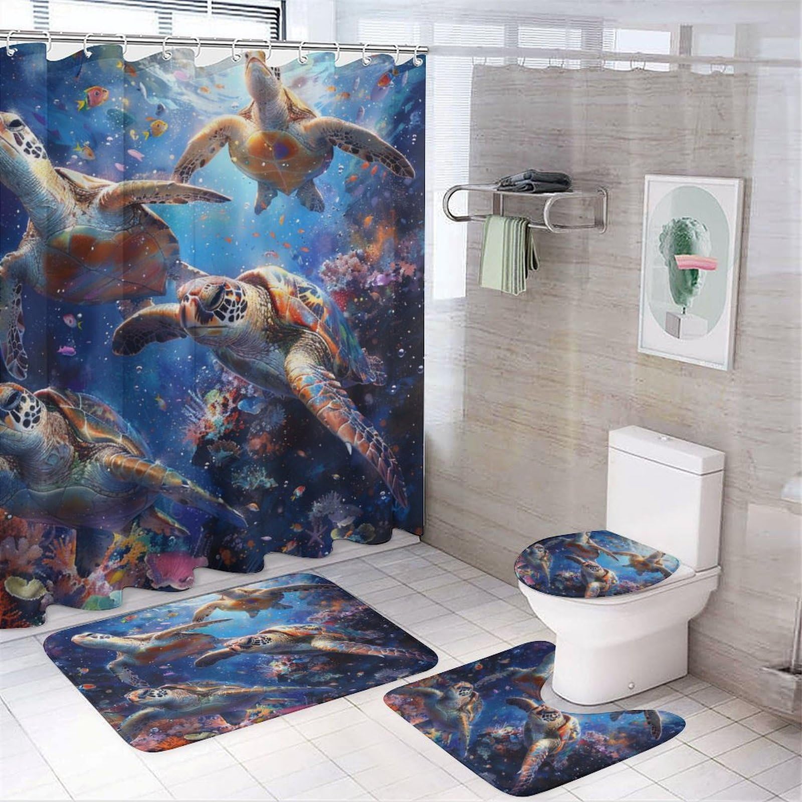 TOWINSFB 4Pcs Fantasy Deep Ocean Turtle Shower Curtain Sets Bathroom Decor, Blue Sea Starfish Coral Shower Curtain with Non Slip Rug, Toilet Lid Cover