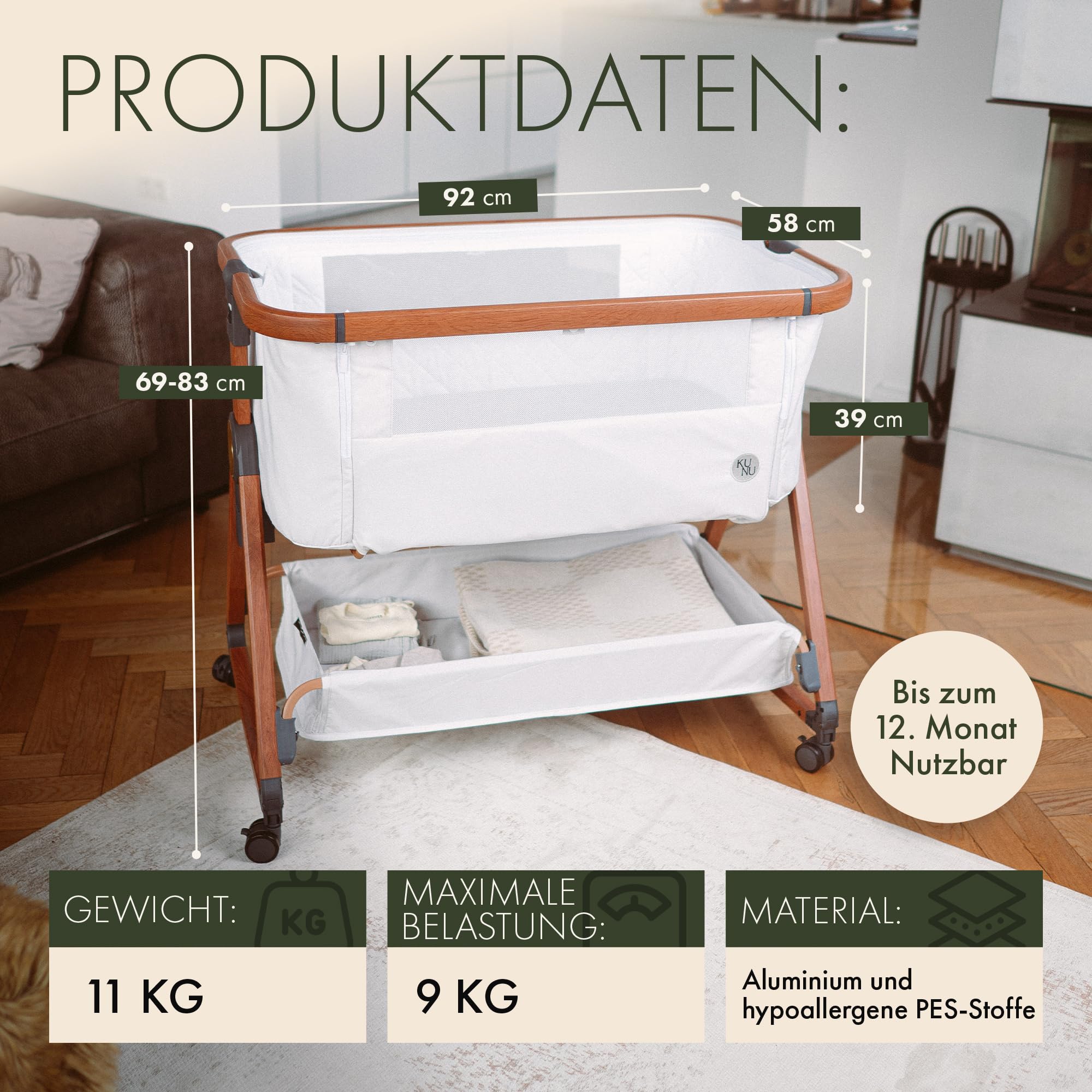 KUNU Babybett Beistellbett mit Rollen für Boxspringbett 3 in 1 rollbares Baby Bett Reise Babywiege Stubenwagen höhenverstellbar inkl Reisetasche
