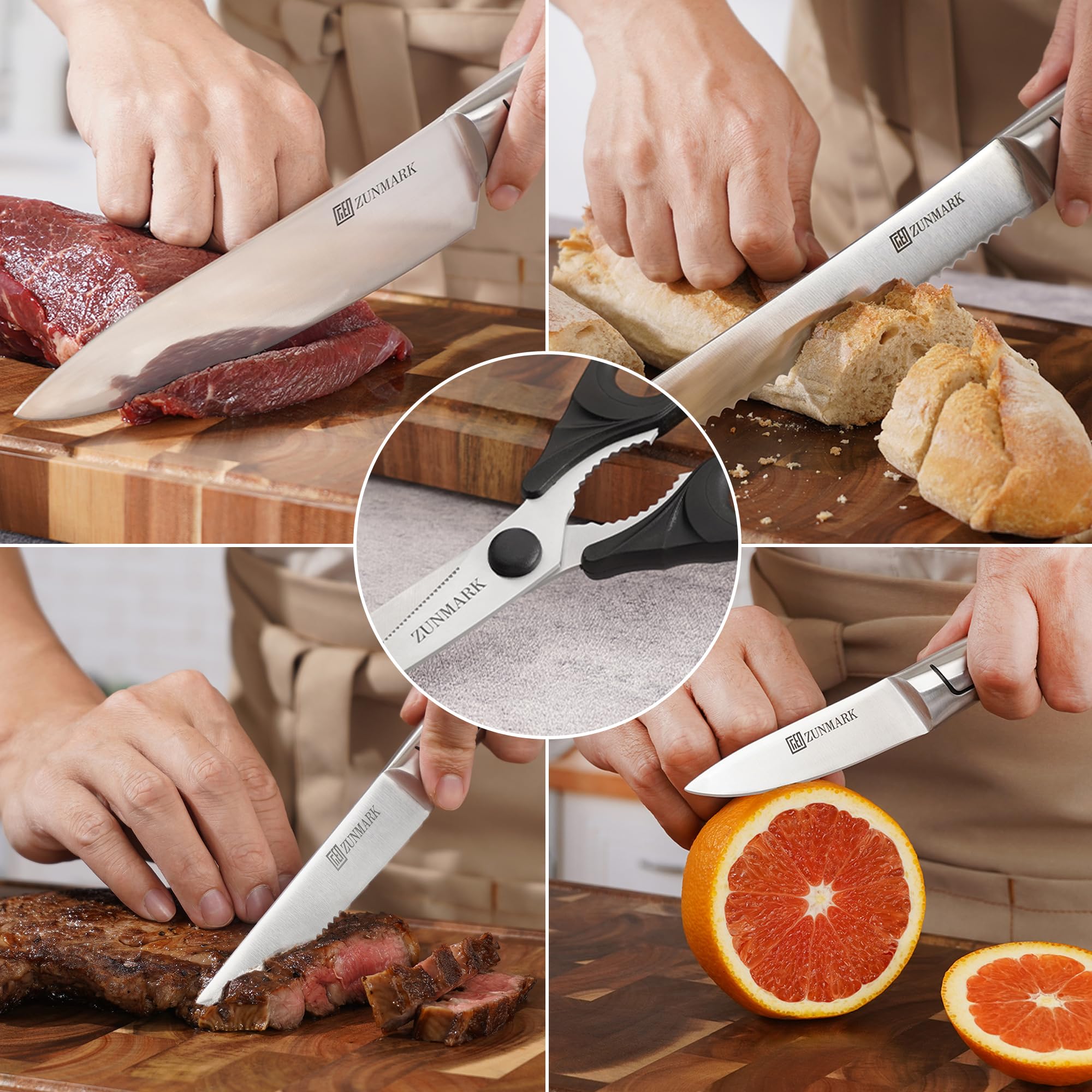 Jeu de Couteaux de Cuisine Professionnels 13 Pièces Bloc en Bois d'Hévéa avec Aiguiseur Intégré Lames Extra-Affûtées Lavables au Lave-Vaisselle