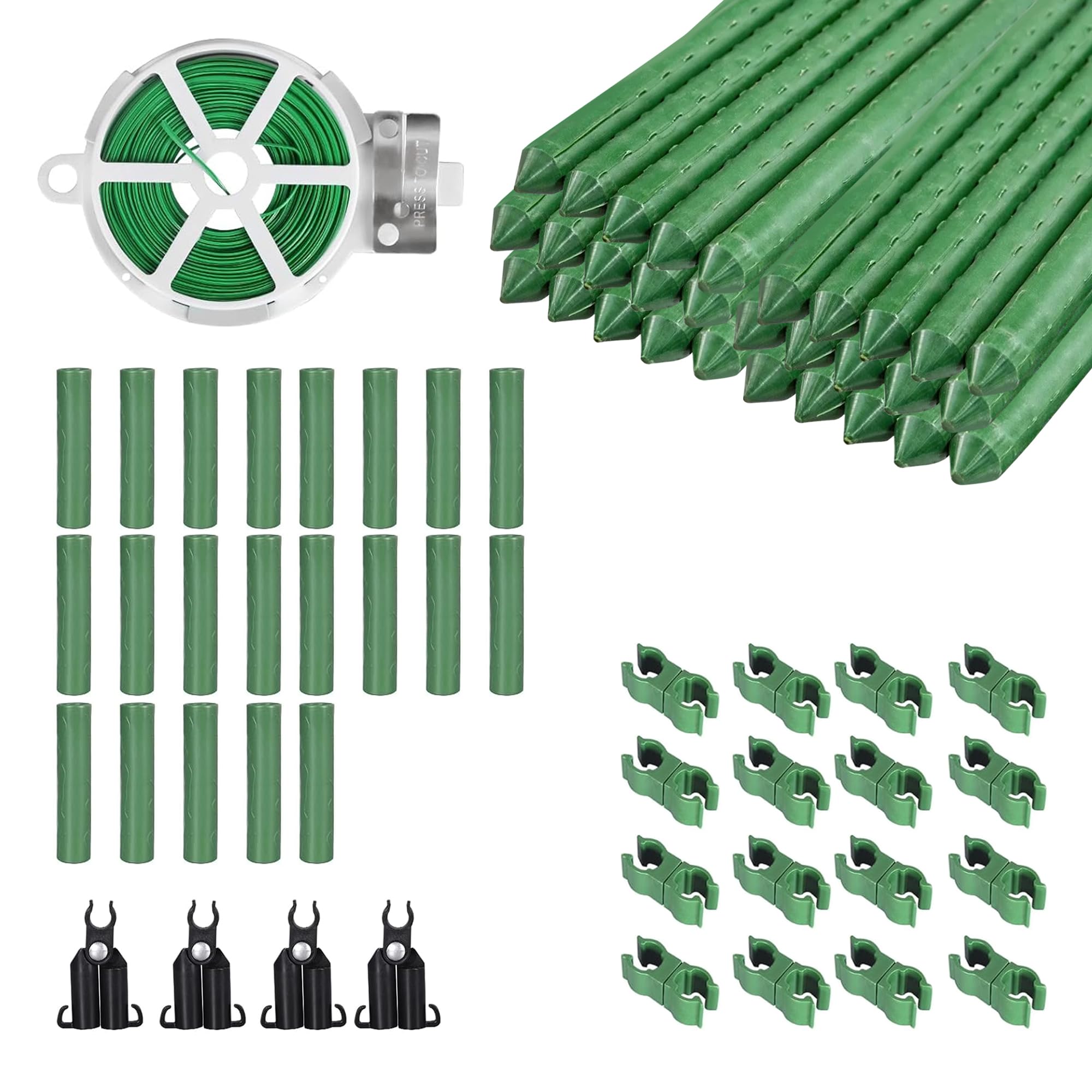 BOTINDOGarden Stakes 16" 30pcs, DIY 4ft 5ft 6ft 7ft Tomato Plant Stakes with Connectors, Rotatable Clips, A-Type Connecting Pipe and Twist Tie, Plant Supports for Tomato,Vegetables, Cucumber, Beans